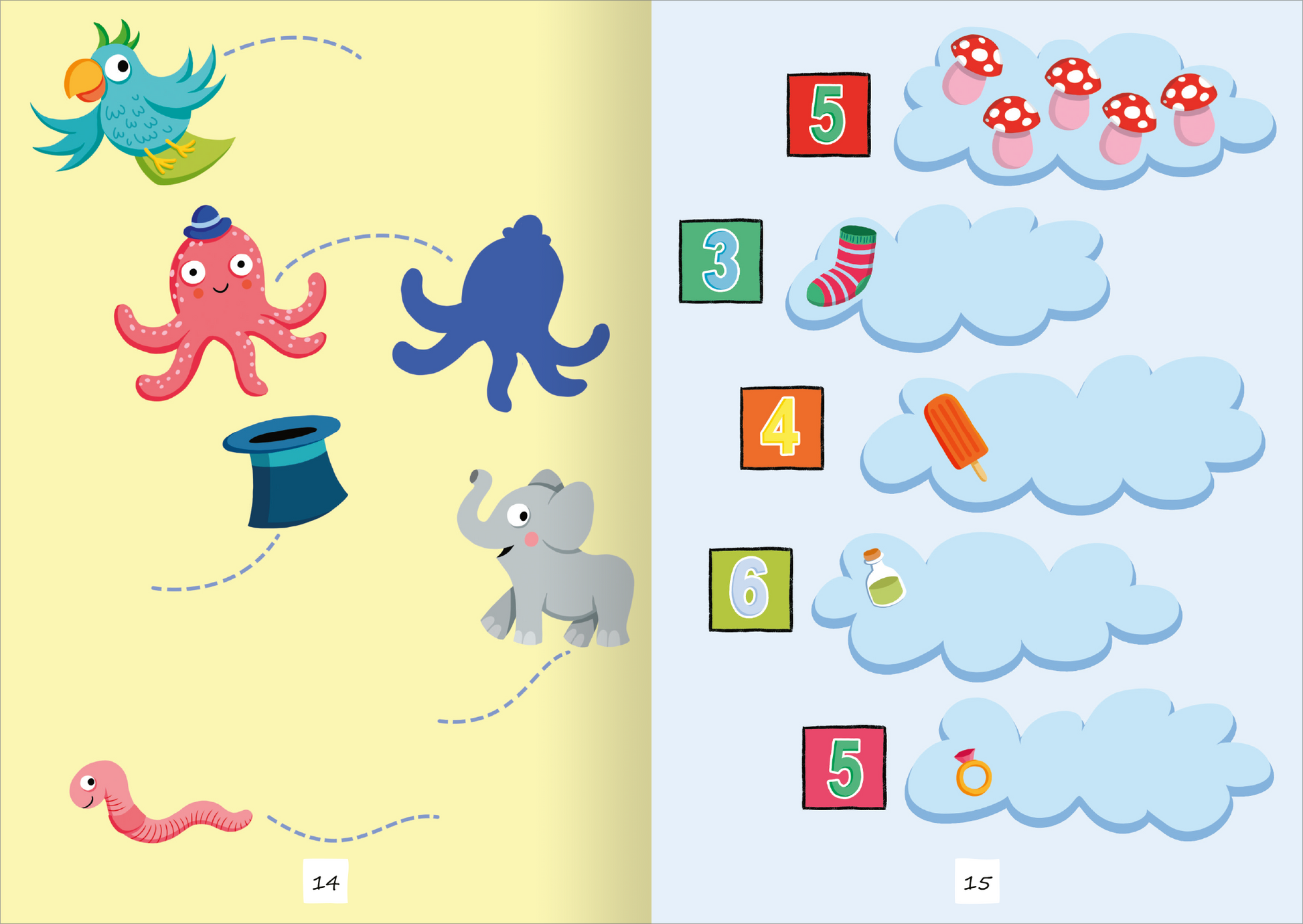 Gezeigt wird eine Innen- oder Zusatzansicht von „Magische Sticker-Rätsel“. Auf der linken Seite erscheinen ein buntes, freundliches Papagei, ein roter und ein blauer Oktopus sowie ein grauer Elefant, die auf einem hellgelben Hintergrund angeordnet sind. Neben einem Zylinder sind ein Wurm und geschwungene Linien zu sehen. Die rechte Seite zeigt farbige Zahlen und Wolken mit Illustrationen von Leckereien und Alltagsgegenständen auf hellblauem Hintergrund. Die Typografie ist verspielt, in...