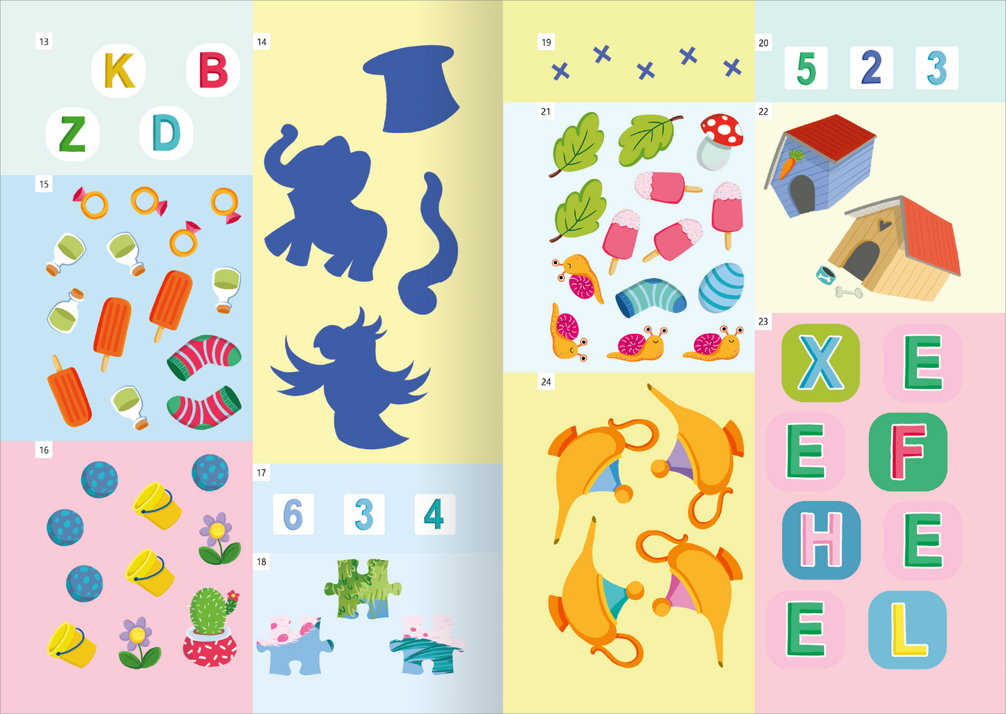 Gezeigt wird eine Innenansicht von „Magische Sticker-Rätsel“. Die Seite ist in hellen Pastellfarben gehalten, darunter Blau und Gelb. Unterschiedliche Formen und Früchtchen sind abgebildet, darunter ein stilisierter Elefant, Eis am Stiel und Blumenmotive. Typografische Elemente bestehen aus großen, bunten Buchstaben und Zahlen in verschiedenen Schriftarten. Illustrationen sind spielerisch und kindgerecht gestaltet, perfekt geeignet für ein Publikum von jungen Entdeckern.