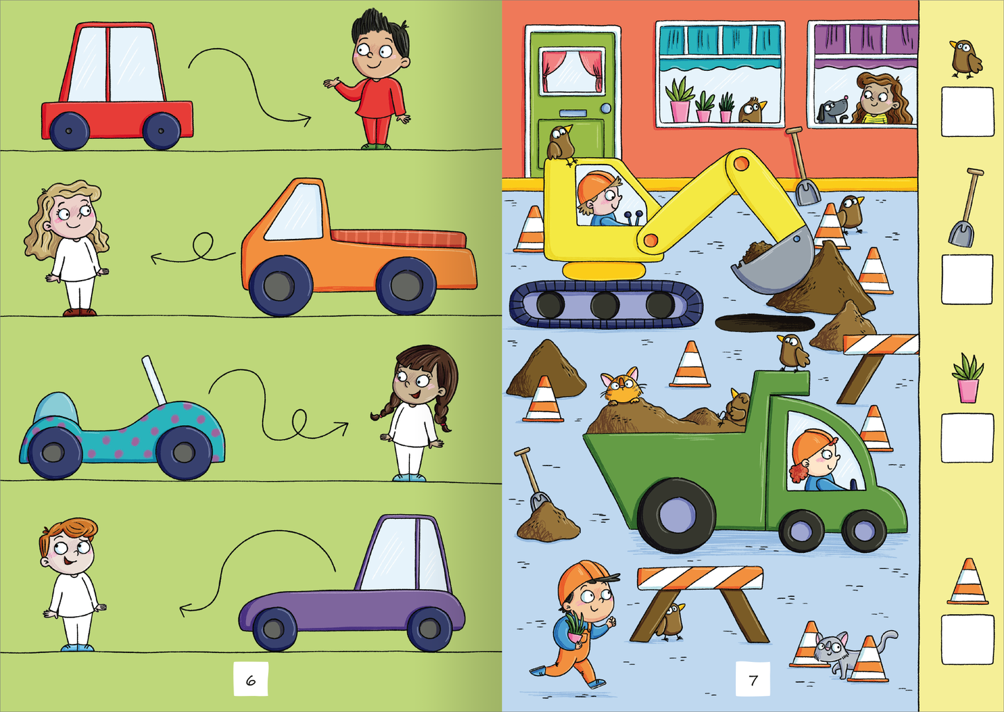 Gezeigt wird eine Innen- oder Zusatzansicht von „Spannende Sticker-Rätsel“. Auf der linken Seite sind farbenfrohe Fahrzeuge in unterschiedlichen Formen und einer lebendigen, spielerischen Gestaltung abgebildet. Die Hintergründe sind in sanften Grün- und Gelbtönen gehalten. Auf der rechten Seite sieht man eine Baustelle mit einem großen Bagger und verschiedenen Tieren. Der Hintergrund ist in warmen Rot- und Beigetönen, mit verschiedenen Baustellenobjekten, dekoriert.