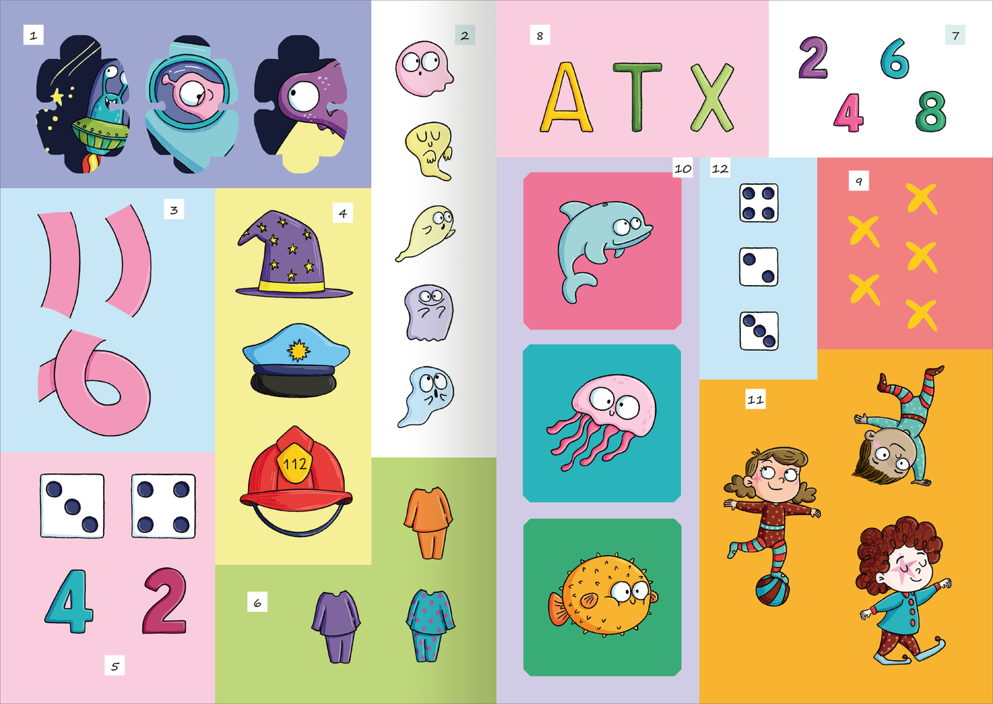 Gezeigt wird eine Innen- oder Zusatzansicht von „Spannende Sticker-Rätsel“. Die Seite enthält bunte Illustrationen von Figuren und Objekten, wie Geistern, einem Delfin und verschiedenen Hüten. Die Farbpalette umfasst lebhafte Töne wie Blau, Grün, Pink und Gelb. Die Zahlen und Buchstaben sind in einer klaren, verspielten Typografie gehalten. Auf der Seite sind mehrere Rätsel und Spielanreize eingearbeitet, die Kinder zum Mitmachen anregen.