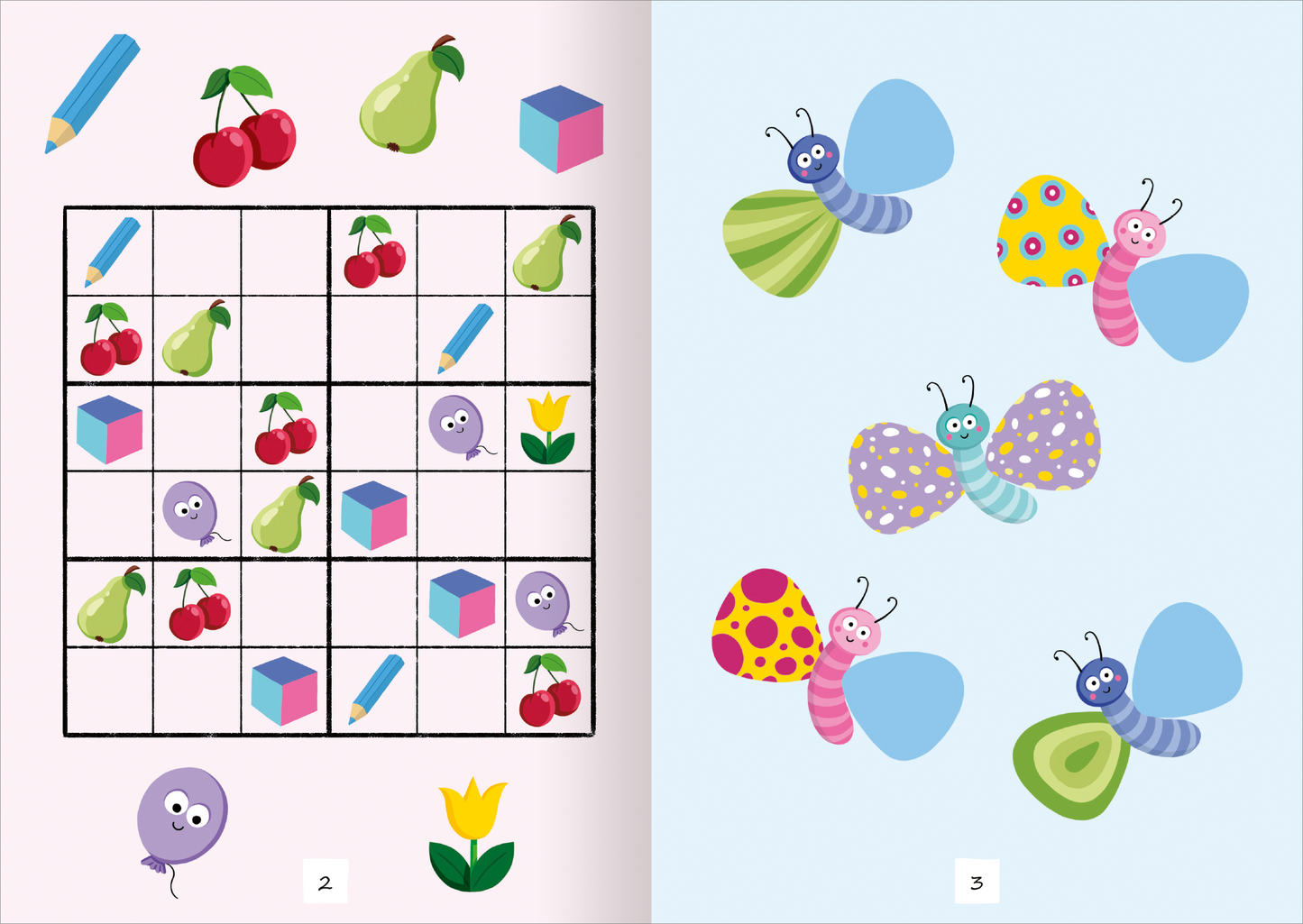 Gezeigt wird eine Innen- oder Zusatzansicht von „Tierische Sticker-Rätsel“. Auf der linken Seite befindet sich ein Farbgitter in sanften Pastelltönen mit verschiedenen Tiermotiven, darunter Kirschen, Birnen und eine Blume, umgeben von einem rosa Hintergrund. Die rechte Seite zeigt bunte Schmetterlinge und eine kreisförmige Form, alles auf einem hellblauen Hintergrund. Die Typografie ist kinderfreundlich und spielerisch gestaltet, um die Zielgruppe anzusprechen.