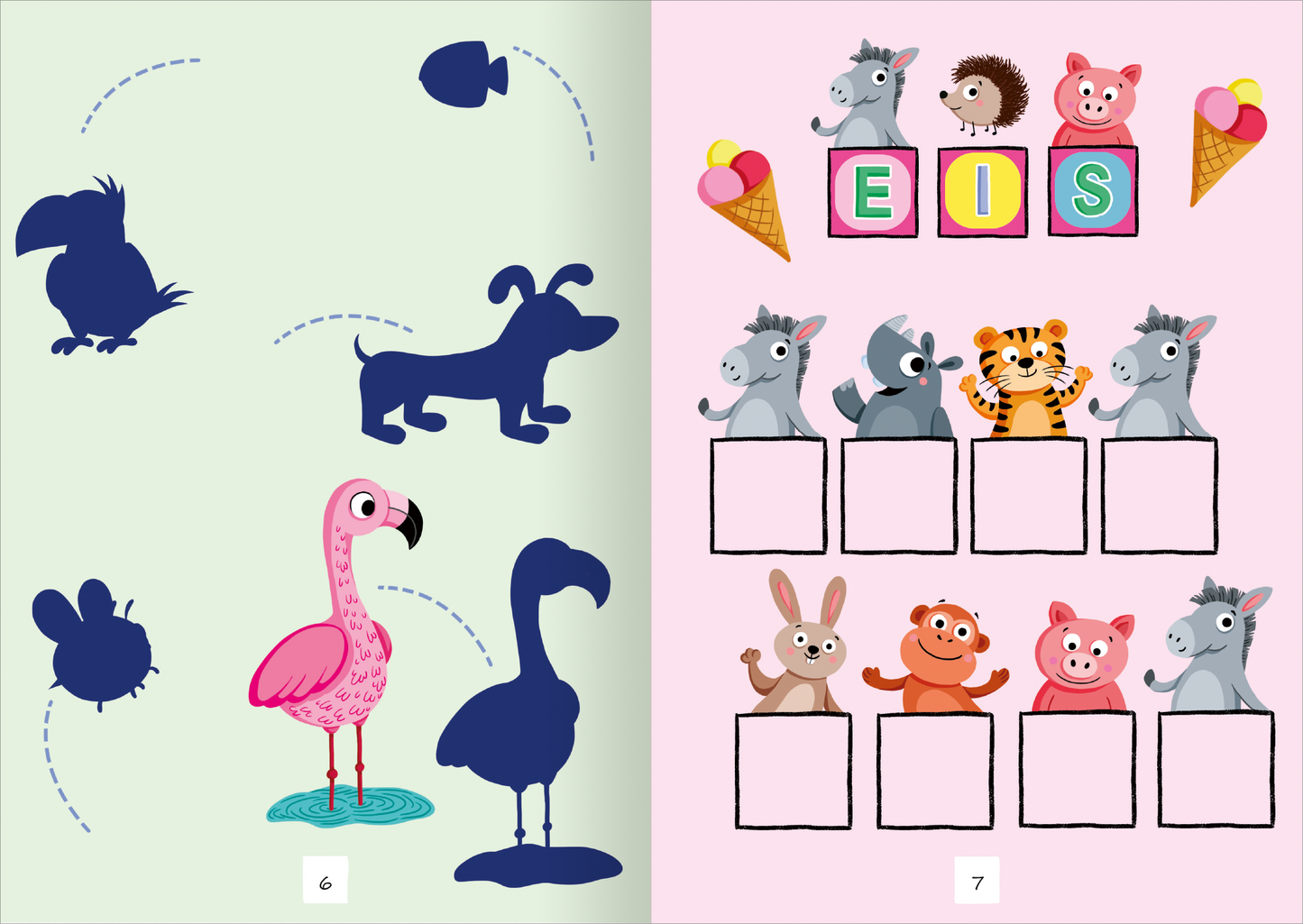 Gezeigt wird eine Innen- oder Zusatzansicht von „Tierische Sticker-Rätsel“. Auf der linken Seite ist ein hellgrüner Hintergrund mit blauen Silhouetten von Tieren, darunter ein Flamingo, der auf einem kleinen Wasserbereich steht. Auf der rechten Seite befindet sich ein rosa Hintergrund mit bunten Illustrationen von Tieren und bunten Eistüten. Der Schriftzug „EIS“ ist in großen, bunten Buchstaben gestaltet. Die Typografie ist kinderfreundlich und einladend.