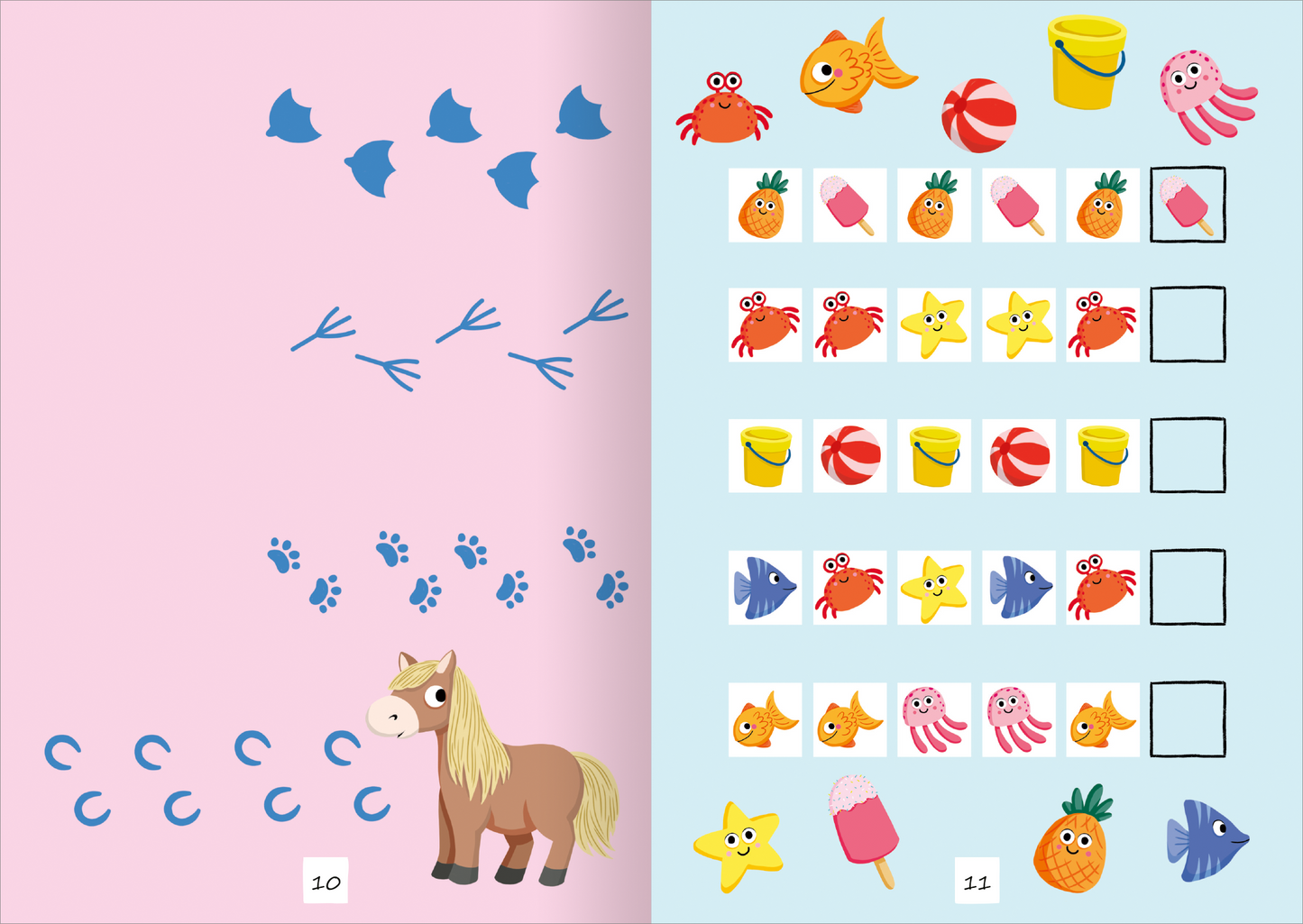 Gezeigt wird eine Innen- oder Zusatzansicht von „Tierische Sticker-Rätsel“. Die Seite zeigt eine harmonische Aufteilung in zwei Bereiche: links eine pastellrosa Fläche mit blauen Silhouetten von Vögeln und tierischen Fußspuren; rechts ein hellblauer Hintergrund, der farbenfrohe Illustrationen von Fischen, Sternen, Süßigkeiten und Eimern zeigt. Die typografische Gestaltung verwendet klare, gut lesbare Zahlen für die Seitenzahlen. Die insgesamt spielerische und ansprechende Gestaltung...