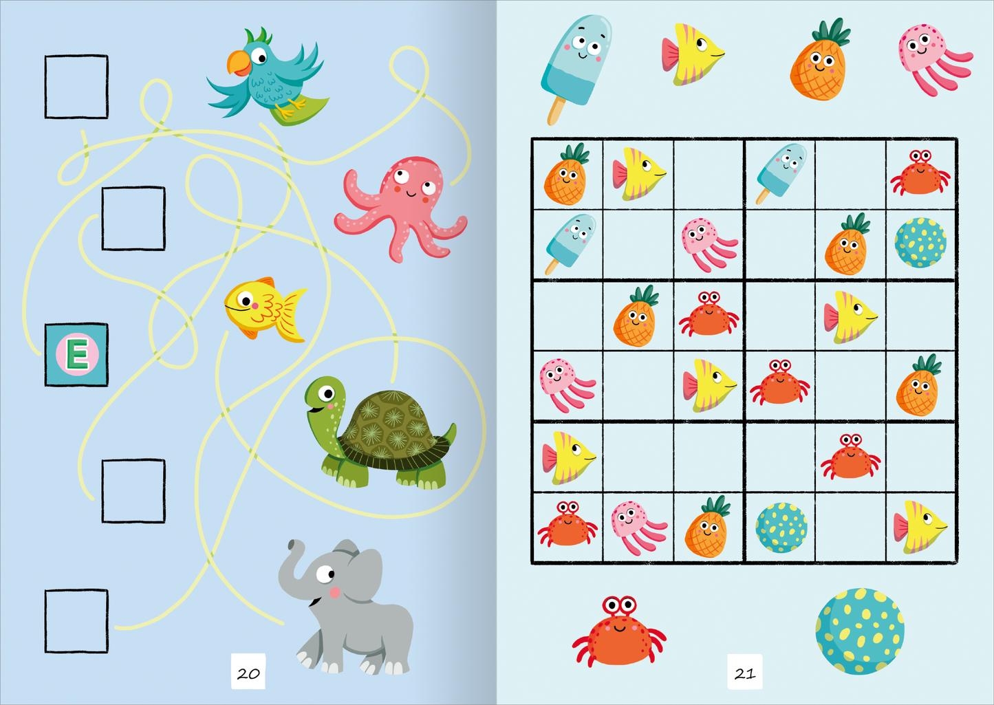 Gezeigt wird eine Innen- oder Zusatzansicht von „Tierische Sticker-Rätsel“. Auf einem hellblauen Hintergrund sind farbenfrohe Tierillustrationen platziert, darunter ein Papagei, ein Tintenfisch, ein Fisch und eine Schildkröte. Es gibt ein Labyrinth mit geschwungenen Linien, Kästchen zum Ausfüllen und ein Raster, das mit verschiedenen Tiersymbolen gefüllt ist. Die Typografie ist verspielt und kindgerecht, in bunten Farben gehalten, um die Aufmerksamkeit der Leser zu fördern.