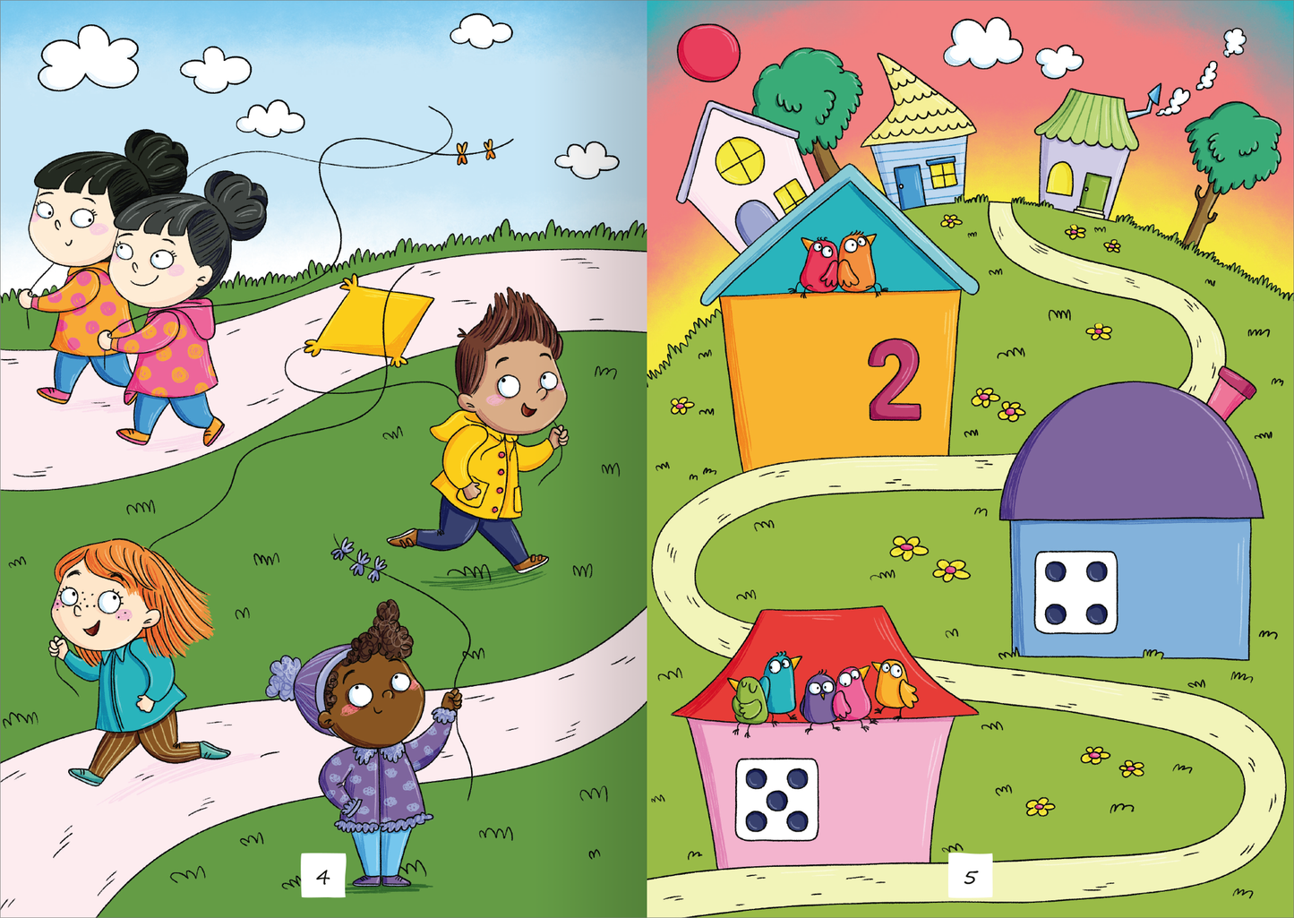 Gezeigt wird eine Innen- oder Zusatzansicht von „Lustige Sticker-Rätsel“. Auf der linken Seite sind vier Kinder in bunten Regenmänteln zu sehen, die fröhlich auf einem Weg gehen. Die Mädchen tragen eine Vielzahl von Farben, darunter pink und blau. Rechts ist eine farbenfrohe Landschaft mit zwei Häusern in verschiedenen Farben und einem orangefarbenen Quadrat mit der Zahl 2. Der Himmel ist in sanften Rosa- und Gelbtönen gehalten, während Bäume und Blumen die Szenerie umgeben.