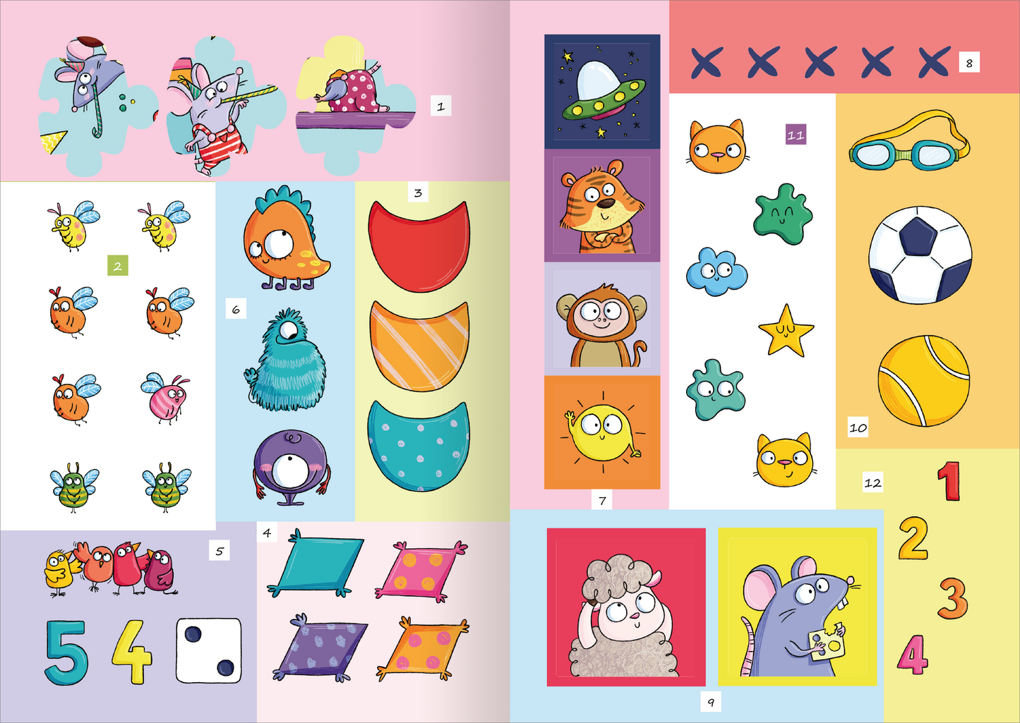 Gezeigt wird eine Innenansicht von „Lustige Sticker-Rätsel“. Die Seite präsentiert farbenfrohe, zum Rätseln einladende Illustrationen von Tieren, Formen und Objekten auf einem sanften Hintergrund in Pastellfarben. Zu sehen sind unter anderem fröhliche Cartoonfiguren wie ein grüner Frosch und ein rotes Tier, sowie verschiedene geometrische Formen. Die Zahlen und Symbole sind klar und spielerisch in unterschiedlicher Schriftart und Größe gestaltet, was die Attraktivität für Kinder...