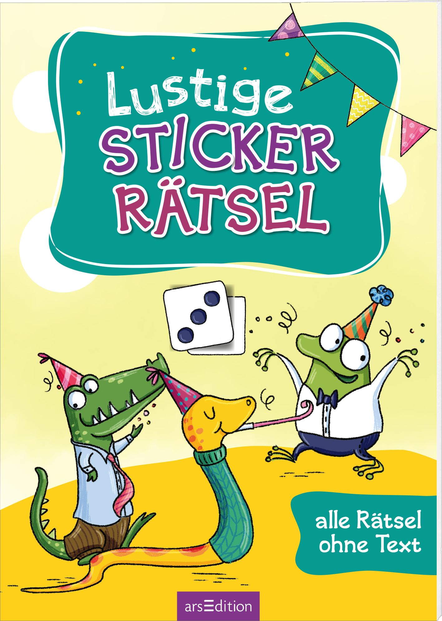 Das Cover zeigt eine bunte, kindgerechte Illustration mit drei cartoonhaften Figuren: einem grünen Krokodil in blauer Kleidung, einer gelben Schlange und einem weiteren Charakter mit Brille und eleganter Kleidung. Sie wirken fröhlich und feiern mit Hüten und Luftballons. Der Titel „Lustige STICKER RÄTSEL“ steht in kräftigem Pink und Blau, umrahmt von einigen bunten Wimpeln. Ein Würfel ist abgebildet, und am unteren Rand befindet sich der Text „alle Rätsel ohne Text“. Ganz unten...