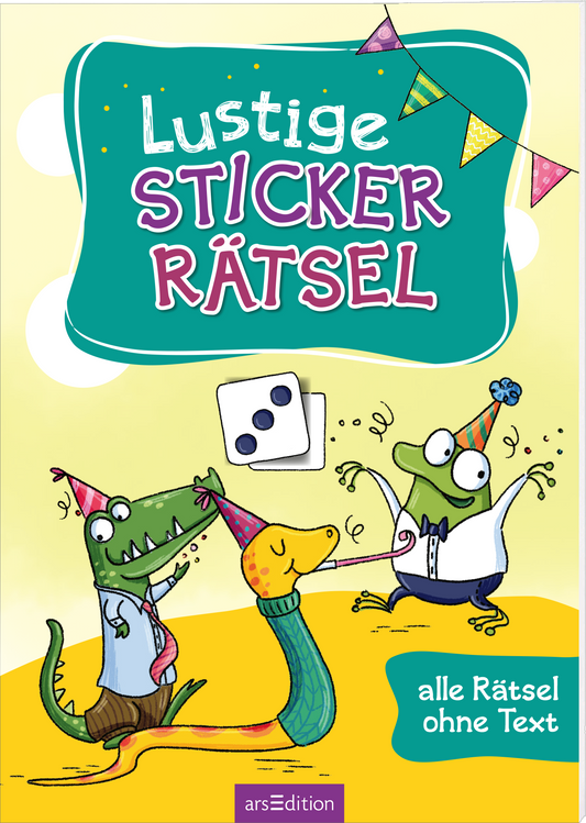 Das Cover zeigt eine bunte, kindgerechte Illustration mit drei cartoonhaften Figuren: einem grünen Krokodil in blauer Kleidung, einer gelben Schlange und einem weiteren Charakter mit Brille und eleganter Kleidung. Sie wirken fröhlich und feiern mit Hüten und Luftballons. Der Titel „Lustige STICKER RÄTSEL“ steht in kräftigem Pink und Blau, umrahmt von einigen bunten Wimpeln. Ein Würfel ist abgebildet, und am unteren Rand befindet sich der Text „alle Rätsel ohne Text“. Ganz unten...
