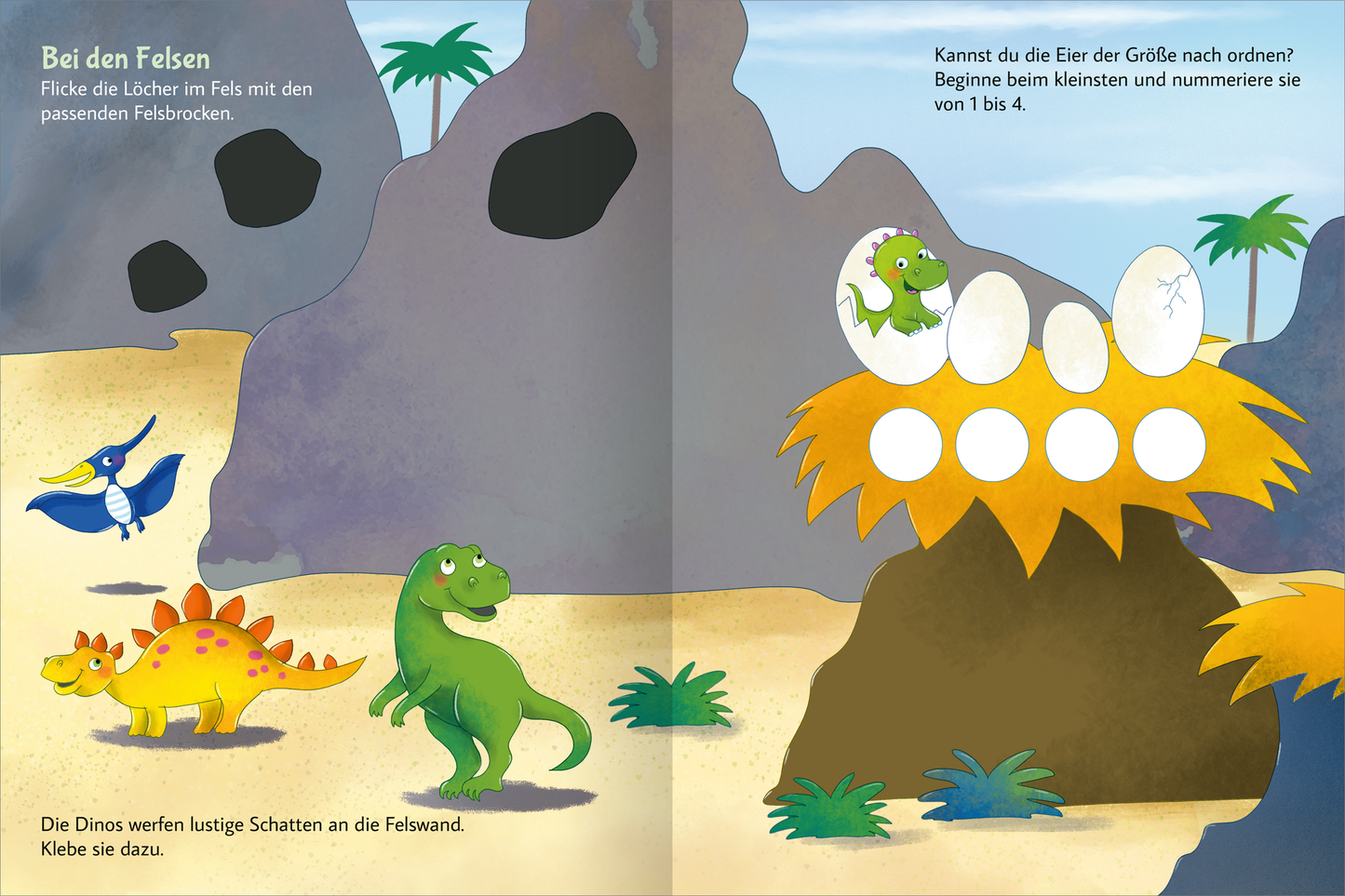 Gezeigt wird eine Innen- oder Zusatzansicht von „Stickern und Rätseln – Dinosaurier“. Die Illustration zeigt eine farbenfrohe, spielerische Szene mit verschiedenen Dinosauriern in einem kargen Dinosaurier-Lebensraum. Ein grüner Dinosaurier steht zentral, umgeben von einem orangefarbenen Dinosaurier und einem blauen Vogel. Die Felsen und Pflanzen sind in sanften Erdtönen gehalten. Auf der rechten Seite sind eierförmige Objekte abgebildet, die zum Rätseln einladen, während die Schrift...