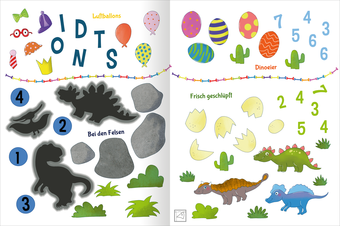 Gezeigt wird eine Innen- oder Zusatzansicht von „Stickern und Rätseln – Dinosaurier“. Auf der linken Seite befinden sich bunte Luftballons und verschiedene Dinosaurier-Silhouetten in sanften Farben wie Schwarz und Grau, die auf einem hellen Hintergrund erscheinen. Die rechte Seite präsentiert Ovale, Kaktusse und weitere Dinosaurier in lebhaften Farben wie Grün und Gelb. Die große, verspielte Typografie „Didtons“ ist in einem bunten, kindgerechten Stil gestaltet und zieht die...