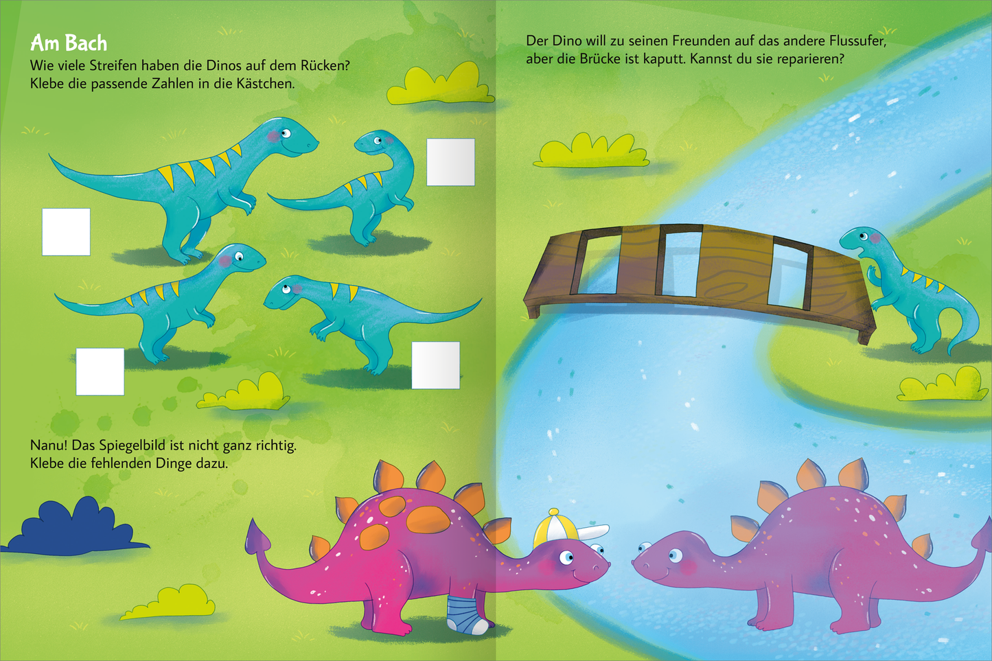 Gezeigt wird eine Innen- oder Zusatzansicht von „Stickern und Rätseln – Dinosaurier“. Die Illustration zeigt einen bunten, freundlichen Bach mit zwei Dinosauriern, die fröhlich auf der linken Seite stehen. Auf der rechten Seite befindet sich eine beschädigte Brücke über einen blauen Fluss. Die Farben sind lebhaft und variieren zwischen grünen, blauen und lila Tönen. Die Beschriftungen verwenden eine verspielte Schriftart, die den kindgerechten Charakter des Spiels unterstreicht.