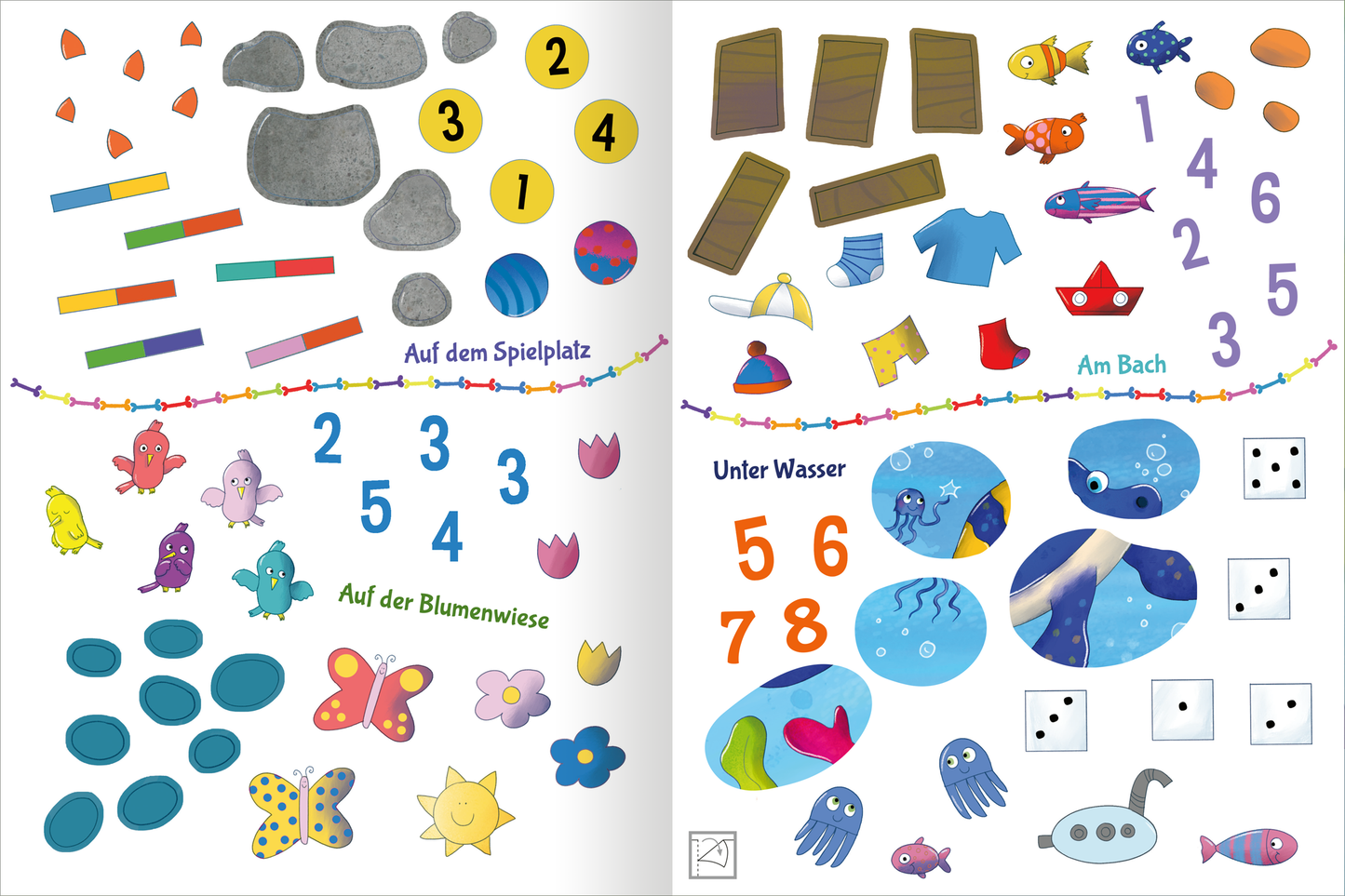 Gezeigt wird eine Innen- oder Zusatzansicht von „Stickern und Rätseln – Dinosaurier“. Die Darstellung zeigt eine bunte Anordnung verschiedener Sticker, darunter Tiere, Blumen und Spielzeuge. Auf der linken Seite sind Elemente wie Fische und Schmetterlinge symmetrisch angeordnet, begleitet von Zahlen in gelben Kreisen. Die rechte Seite zeigt Sticker mit Wasserwesen und Spielgegenständen. Die Farben sind lebhaft, überwiegend pastell, und die Typografie ist kindgerecht, mit einer Mischung...