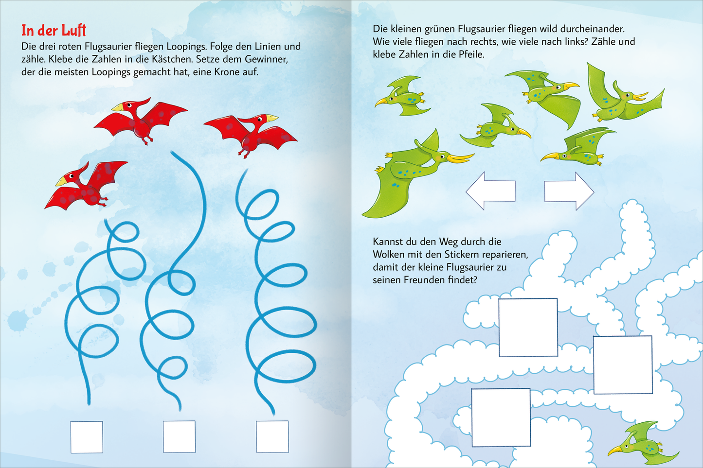 Gezeigt wird eine Innen- oder Zusatzansicht von „Stickern und Rätseln – Dinosaurier“. Die linke Seite zeigt rote Flugsaure mit gewundenen blauen Linien, die zu Kästchen führen, in denen Zahlen eingetragen werden. Die rechte Seite präsentiert kleine grüne Flugsaure, die über Wolken fliegen, und bietet Anweisungen in klarer, kinderfreundlicher Typografie. Die Farben sind lebhaft und einladend, mit einem weichen, blauen Hintergrund, der eine spielerische Atmosphäre schafft.