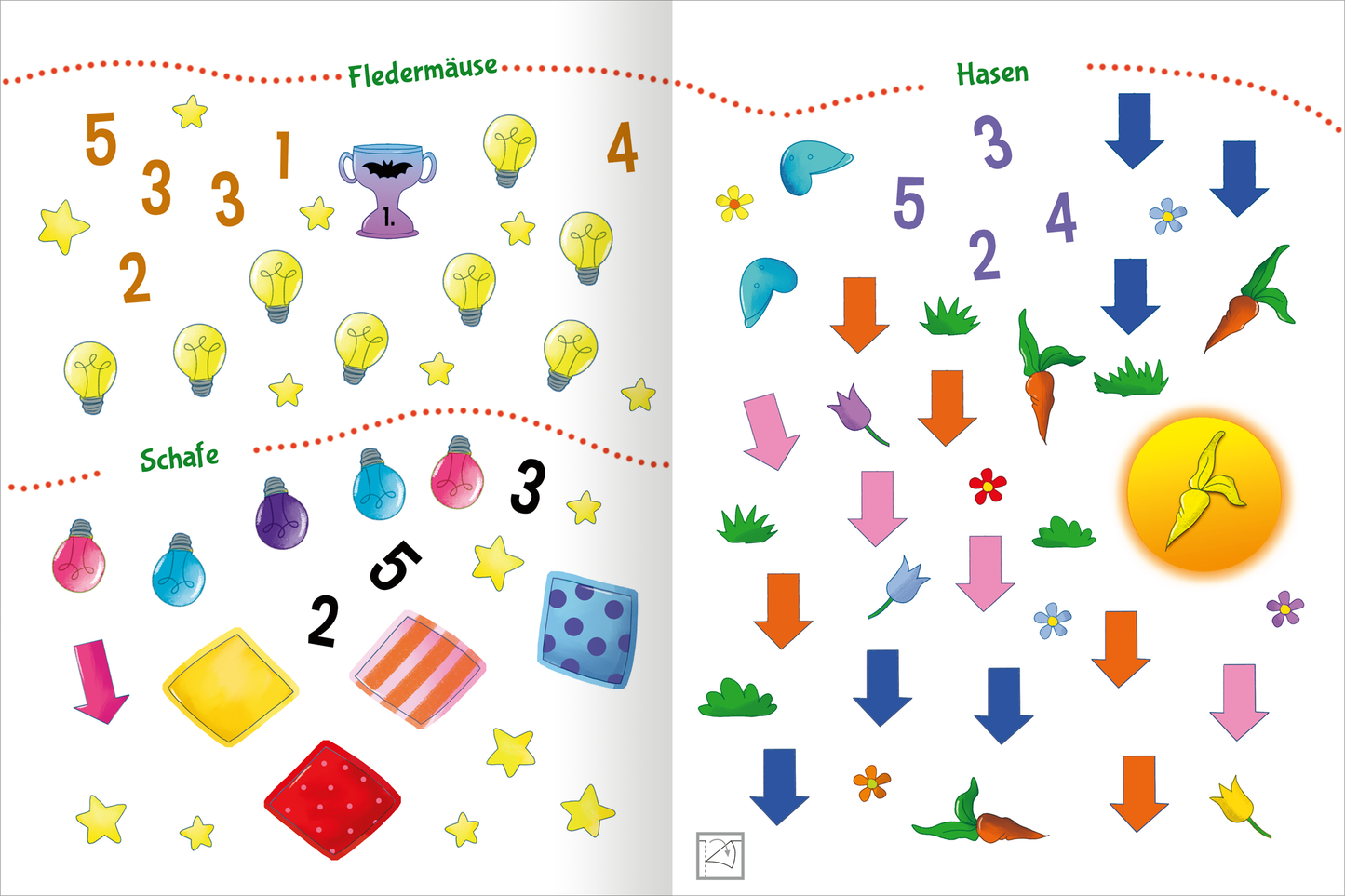 Gezeigt wird eine Innen- oder Zusatzansicht von „Stickern und Rätseln – Tiere“. Die Seite ist lebhaft und bunt gestaltet, mit verschiedenen Tiermotiven wie Fledermäusen, Schafen und Hasen. Beeinflussende Farben sind leuchtendes Gelb, Lila, Blau und Orange. Die Illustration enthält Zahlen unter den Tieren sowie ansprechende Formen wie Sterne, Quadrate und Karotten. Die Typografie ist freundlich und klar, mit unterschiedlich großen Schriftzügen, die den Text visuell ansprechend machen.