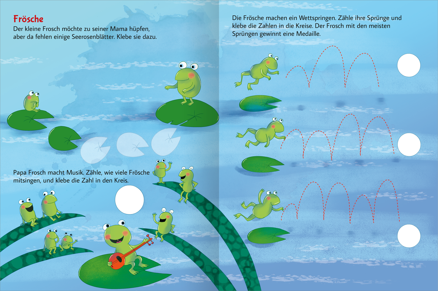 Gezeigt wird eine Innen- oder Zusatzansicht von „Stickern und Rätseln – Tiere“. Die Illustration zeigt fröhliche, grüne Frösche auf lilafarbenen Seerosenblättern in einem hellblauen Hintergrund. Ein Frosch spielt Gitarre und animiert andere Frösche zum Mitmachen. Auf der rechten Seite sind verschiedene Sprungübungskreise abgebildet, in die Zahlen geklebt werden können. Die Verwendung einfacher, verspielter Schrift ergänzt das kinderfreundliche Design und lädt zum aktiven...