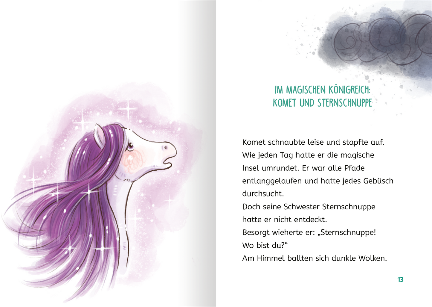 Gezeigt wird eine Innen- oder Zusatzansicht von „Zauberponys“. Die Seite zeigt ein hübsches, schemenhaftes Einhorn mit langen, lila Haaren und einem besorgten Ausdruck. Der Hintergrund ist in sanften Pastelltönen gehalten, mit funkelnden Sternen und mystischen Wolken. Der Text ist in einer verspielten Schriftart in kräftigem Türkis dargestellt, ergänzt durch eine leicht lesbare schwarze Schrift. Der Gesamtlook strahlt eine magische und verträumte Atmosphäre aus.