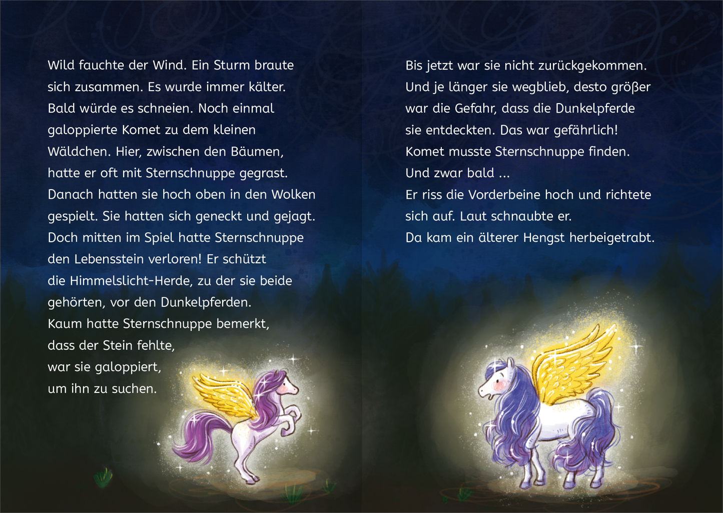 Gezeigt wird eine Innen- oder Zusatzansicht von „Zauberponys“. Die Illustration zeigt eine märchenhafte Szene in einem dunklen Wald. Im Vordergrund sind zwei Ponys mit schimmernden Flügeln; das eine ist lila mit gelben Flügeln, das andere ist weiß mit goldenen Flügeln. Die Typografie ist verschnörkelt und farbenfroh, passend zur fantasievollen Thematik. Im Hintergrund verlaufen sanfte, dunkle Farben, die eine geheimnisvolle Atmosphäre schaffen. Die Seite ist leicht beleuchtet, was...