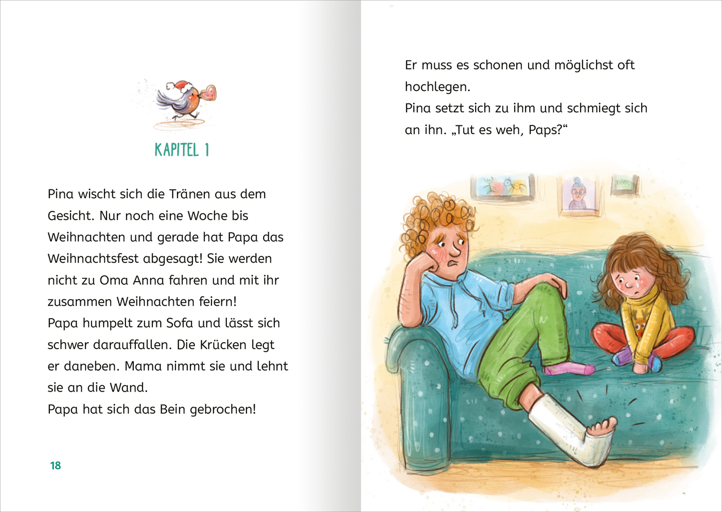 Gezeigt wird eine Innenansicht von „Zauberponys“. Auf der linken Seite steht der Titel „KAPITEL 1“ in großen, freundlichen Buchstaben. Die Illustration zeigt zwei Kinder auf einem grünen Sofa: Ein Junge mit lockigen, blonden Haaren und ein Mädchen mit braunen Haaren, die zusammen einen Moment der Zuneigung teilen. Der Junge hat einen Verband am Bein. Der Hintergrund ist hell gestaltet, mit warmen Farben, die eine einladende Atmosphäre schaffen.