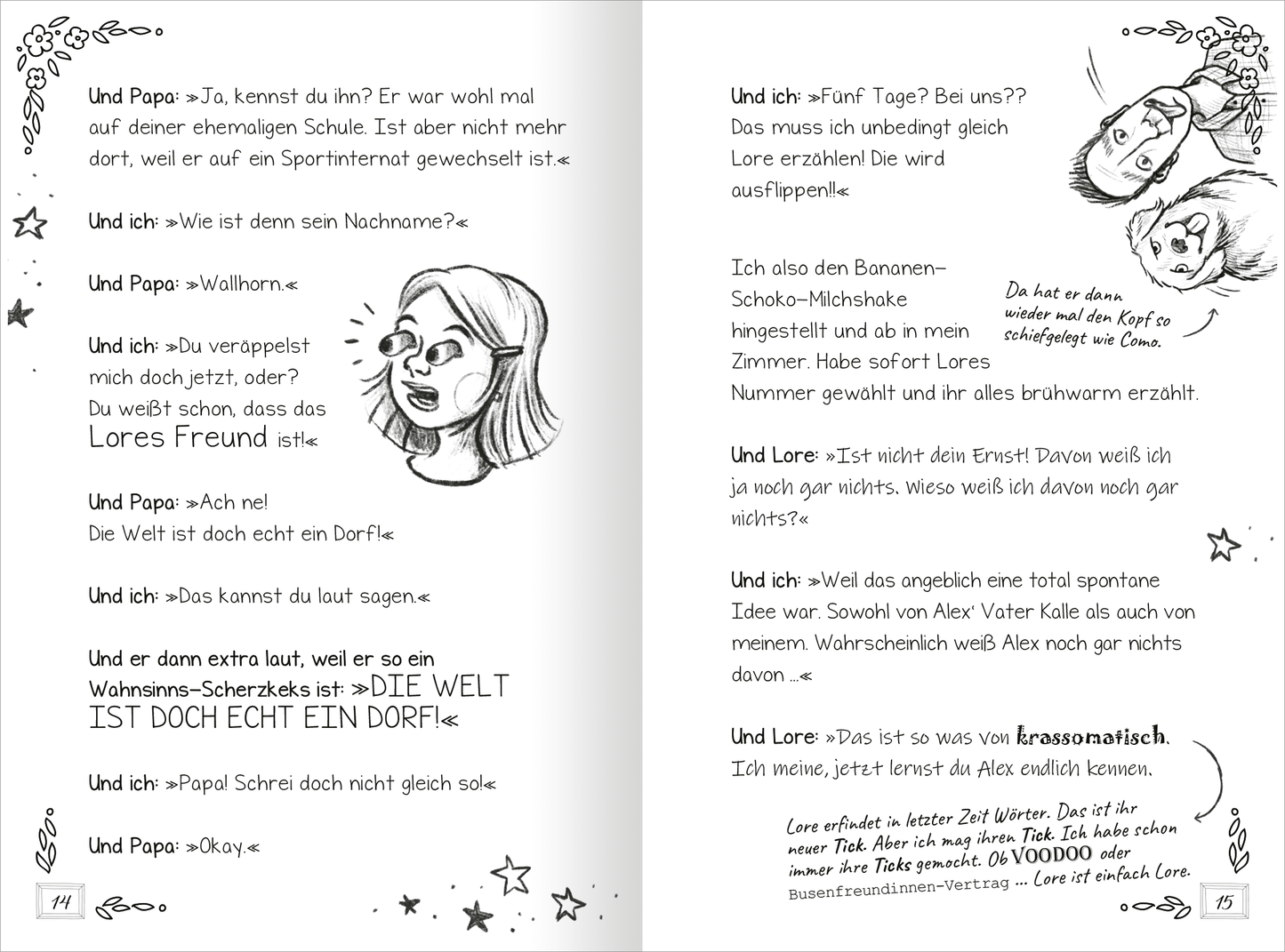 Gezeigt wird eine Innenansicht von „PS: Du bist meine Heldin!“. Die Doppelseite zeigt Text in einfacher, gut lesbarer Schrift. Verschnörkelte Sterne und Zeichnungen von einem Hund und zwei Figuren umrahmen die Bilder und verleihen der Seite einen lebendigen, einladenden Charakter.