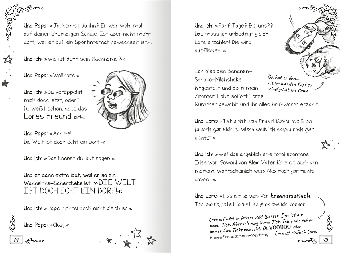 Gezeigt wird eine Innenansicht von „PS: Du bist meine Heldin!“. Die Doppelseite zeigt Text in einfacher, gut lesbarer Schrift. Verschnörkelte Sterne und Zeichnungen von einem Hund und zwei Figuren umrahmen die Bilder und verleihen der Seite einen lebendigen, einladenden Charakter.