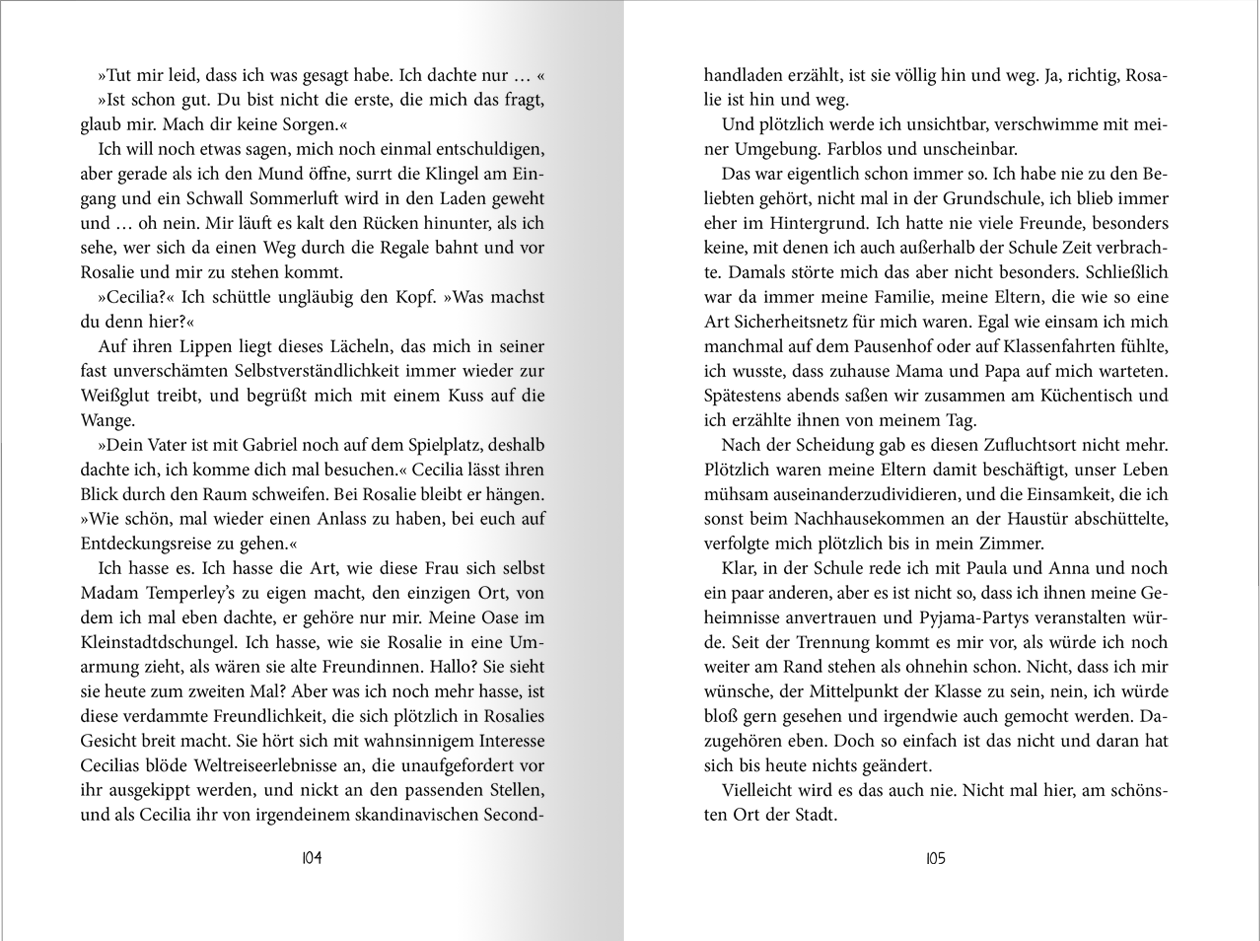 Gezeigt wird eine Innenansicht von „Limettensommer“. Die Seiten sind in einem klaren, gut lesbaren Layout gestaltet, mit einer offenen Schriftart in schwarzer Farbe auf hellem Hintergrund. Der Text ist in einspaltigem Format angeordnet und weist gut abgestimmte Zeilenabstände auf. Randnotizen und Dialogabschnitte sind durch unterschiedliche Schriftgrößen und möglicherweise kursive Typografie hervorgehoben, während bildhafte Beschreibungen lebendige Farben der Szenen visualisieren....