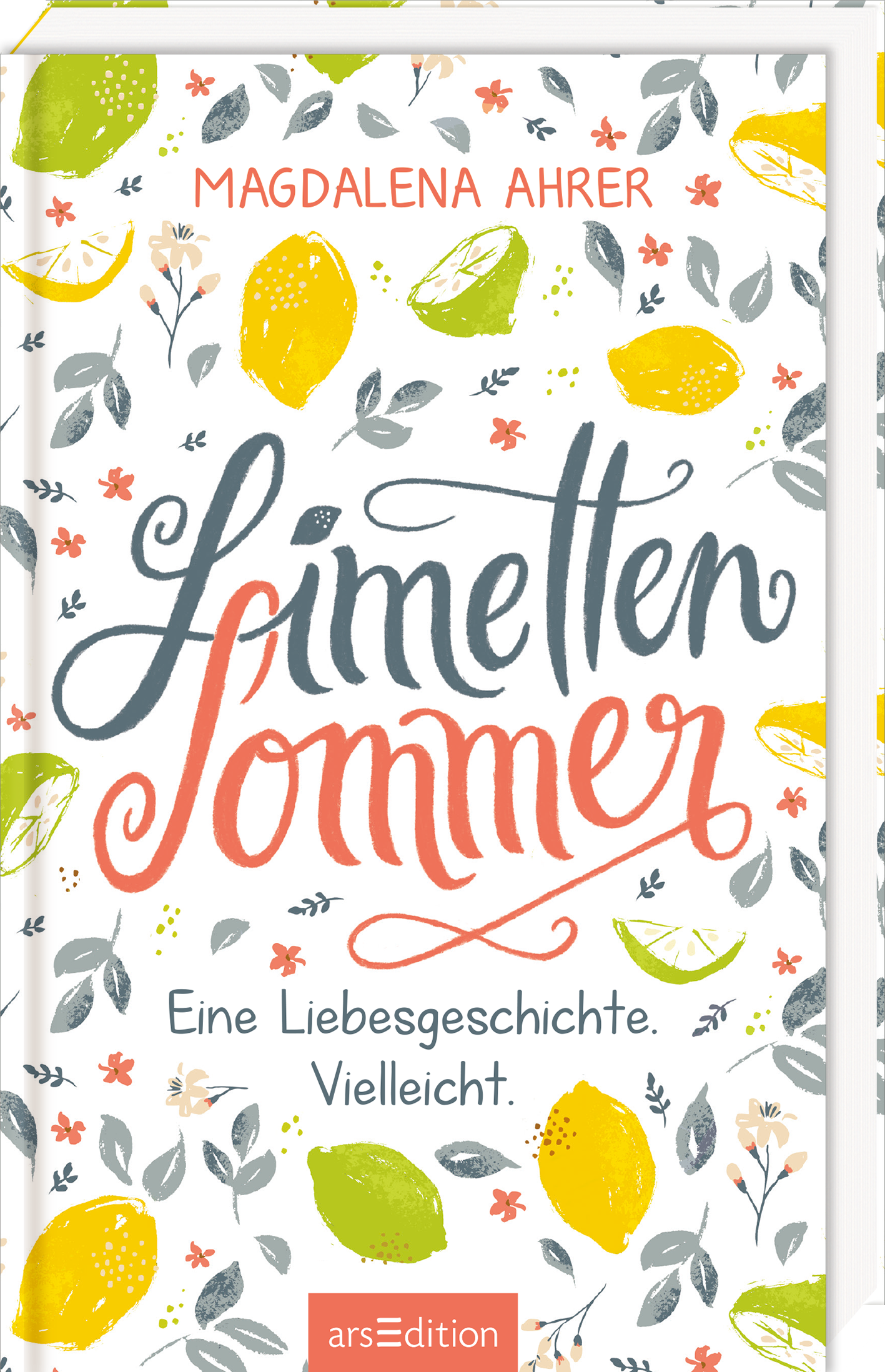 Das Cover zeigt den Titel „Limonetten Sommer“ in verspielter, handschriftlicher Typografie, wobei „Limonetten“ in einem sanften Blau und „Sommer“ in einem lebhaften Korallton gestaltet ist. Das Hintergrunddesign besteht aus hellen, floralen Mustern mit Zitronen, Limetten und kleinen Blüten in warmen Farben. Oben steht der Name der Autorin, Magdalena Ahrer. Der SPIEGEL-Bestseller-Button ist in der oberen rechten Ecke platziert. Ganz unten mittig steht der Logoschriftzug von...