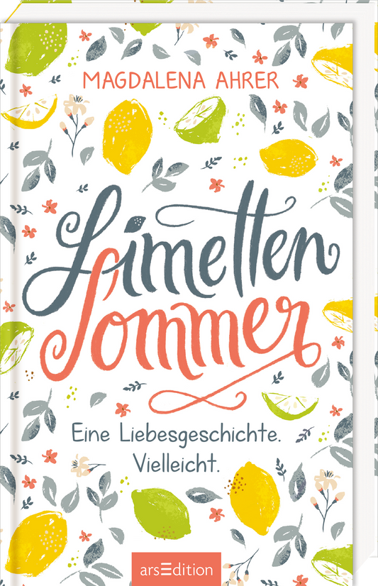 Das Cover zeigt den Titel „Limonetten Sommer“ in verspielter, handschriftlicher Typografie, wobei „Limonetten“ in einem sanften Blau und „Sommer“ in einem lebhaften Korallton gestaltet ist. Das Hintergrunddesign besteht aus hellen, floralen Mustern mit Zitronen, Limetten und kleinen Blüten in warmen Farben. Oben steht der Name der Autorin, Magdalena Ahrer. Der SPIEGEL-Bestseller-Button ist in der oberen rechten Ecke platziert. Ganz unten mittig steht der Logoschriftzug von...