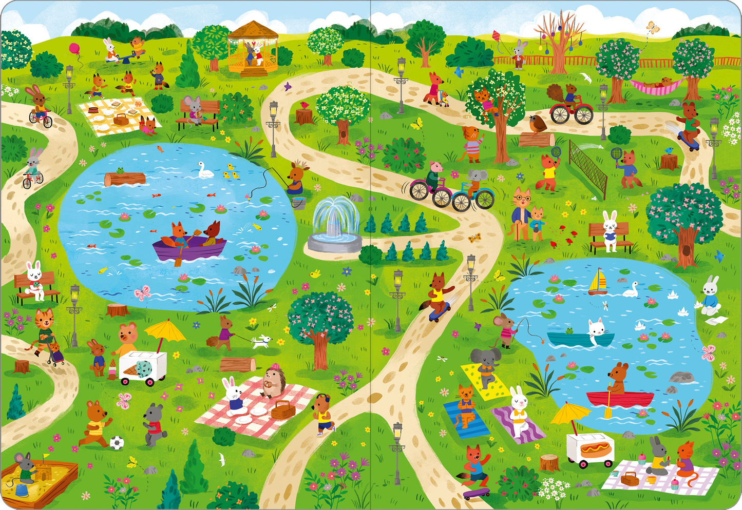 Gezeigt wird eine Innen- oder Zusatzansicht von „Mein großes Wimmelbuch – Im Frühling“. Die farbenfrohe Szene zeigt einen lebhaften Park mit grünen Wiesen, blühenden Blumen und zwei großen Teichen. Tiere, darunter Hunde, Hasen und Vögel, sind aktiv beim Picknicken, Bootfahren und Fahrradfahren. Die sanften, geschwungenen Wege führen durch die Landschaft, während eine kleine Fontäne in der Mitte der Ansicht plätschert. Die Typografie ist verspielt und in klaren, lesbaren...