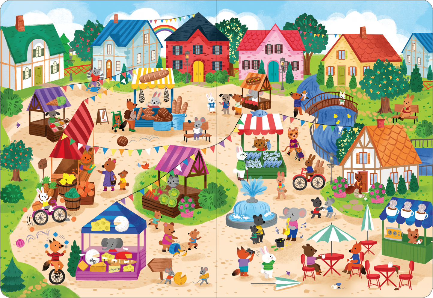 Gezeigt wird eine Innen- oder Zusatzansicht von „Mein großes Wimmelbuch – Im Frühling“. Die Illustration zeigt eine lebhafte Dorfplatzszene mit bunten Häusern in blau, rot und gelb. Stände mit Obst und Getränken sind aufgestellt, während zahlreiche tierische Figuren – wie Füchse und Hasen – aktiv interagieren. Einbrunnen in der Mitte und Wäsche, die in der Sonne trocknet, ergänzen das fröhliche Ambiente. Die Verwendung von hellen Farben und verspielter Typografie...