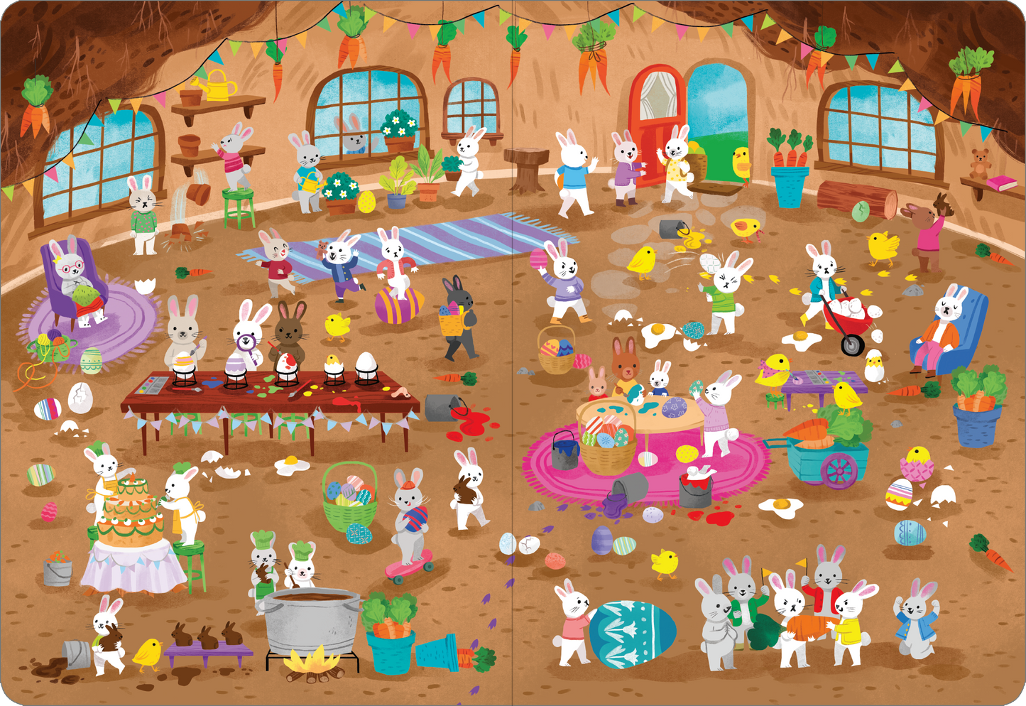 Gezeigt wird eine Innen- oder Zusatzansicht von „Mein großes Wimmelbuch – Im Frühling“. Die Szene zeigt eine lebendige Hasenwelt mit bunten, fröhlichen Figuren. Die Farben sind pastelartig, überwiegend in Grün, Gelb und Pink. In der Mitte ist ein großer Tisch mit verschiedenen Leckereien und dazu mehrere Hasen, die feiern. Die Wände sind mit Fenster und verschiedenen Pflanzen dekoriert, während fröhliche Details wie Eier und Küken die festliche Stimmung unterstreichen.