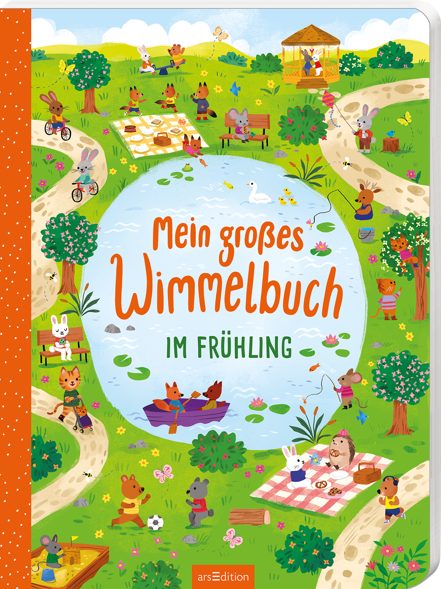 Das Cover zeigt eine fröhliche Frühlingslandschaft mit vielen bunten Tieren, die in einem Park aktiv sind. In der Mitte befindet sich ein Teich, umgeben von Blumen und grünen Bäumen. Der Titel „Mein großes Wimmelbuch“ ist in großen, verspielten Buchstaben in orangener Schrift platziert, darunter steht „im Frühling“ in kleinerer Schrift. Im oberen Bereich sind verschiedene Szenen mit Tieren, die spielen, Fahrrad fahren und sich entspannen, dargestellt. Ganz unten mittig steht der...