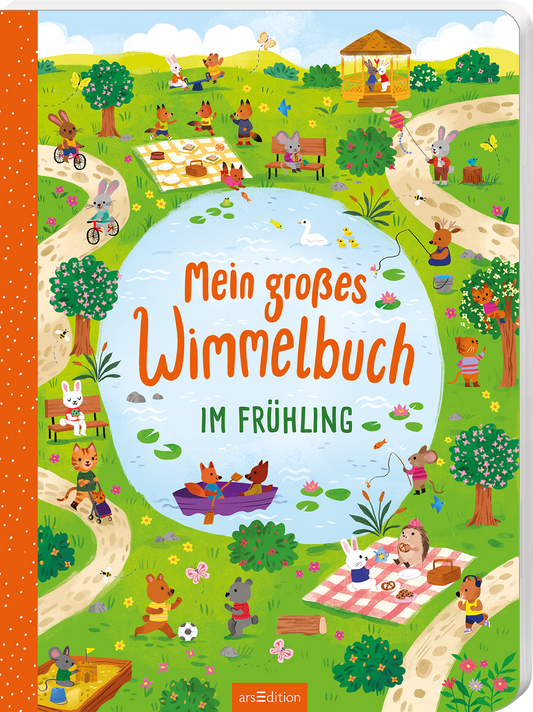 Das Cover zeigt eine fröhliche Frühlingslandschaft mit vielen bunten Tieren, die in einem Park aktiv sind. In der Mitte befindet sich ein Teich, umgeben von Blumen und grünen Bäumen. Der Titel „Mein großes Wimmelbuch“ ist in großen, verspielten Buchstaben in orangener Schrift platziert, darunter steht „im Frühling“ in kleinerer Schrift. Im oberen Bereich sind verschiedene Szenen mit Tieren, die spielen, Fahrrad fahren und sich entspannen, dargestellt. Ganz unten mittig steht der...
