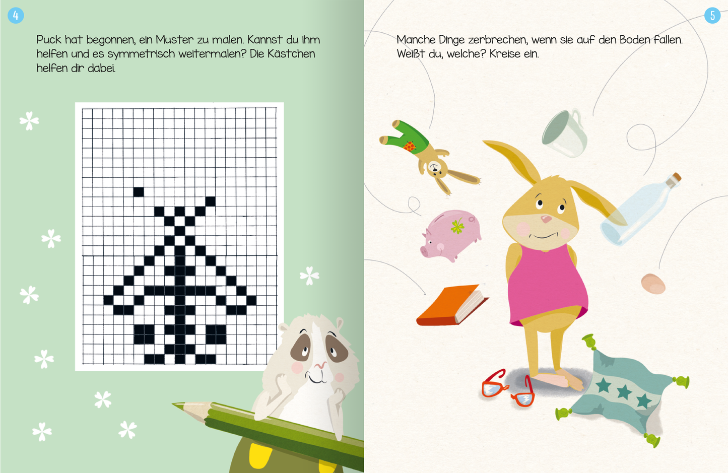 Gezeigt wird eine Innen- oder Zusatzansicht von „Erstes Lernen mit Spaß – Logisches Denken“. Die linke Seite ist in sanften Grüntönen und die rechte Seite in Weiß gehalten und bietet eine klare, kinderfreundliche Typografie. Links befindet sich ein Gittermuster, das ein zu vervollständigendes Bild zeigt, während rechts ein schüchterner Hase und verschiedene Gegenstände abgebildet sind. Illustrationen sind spielerisch gestaltet, mit einem klaren Fokus auf Interaktivität und Lernen.