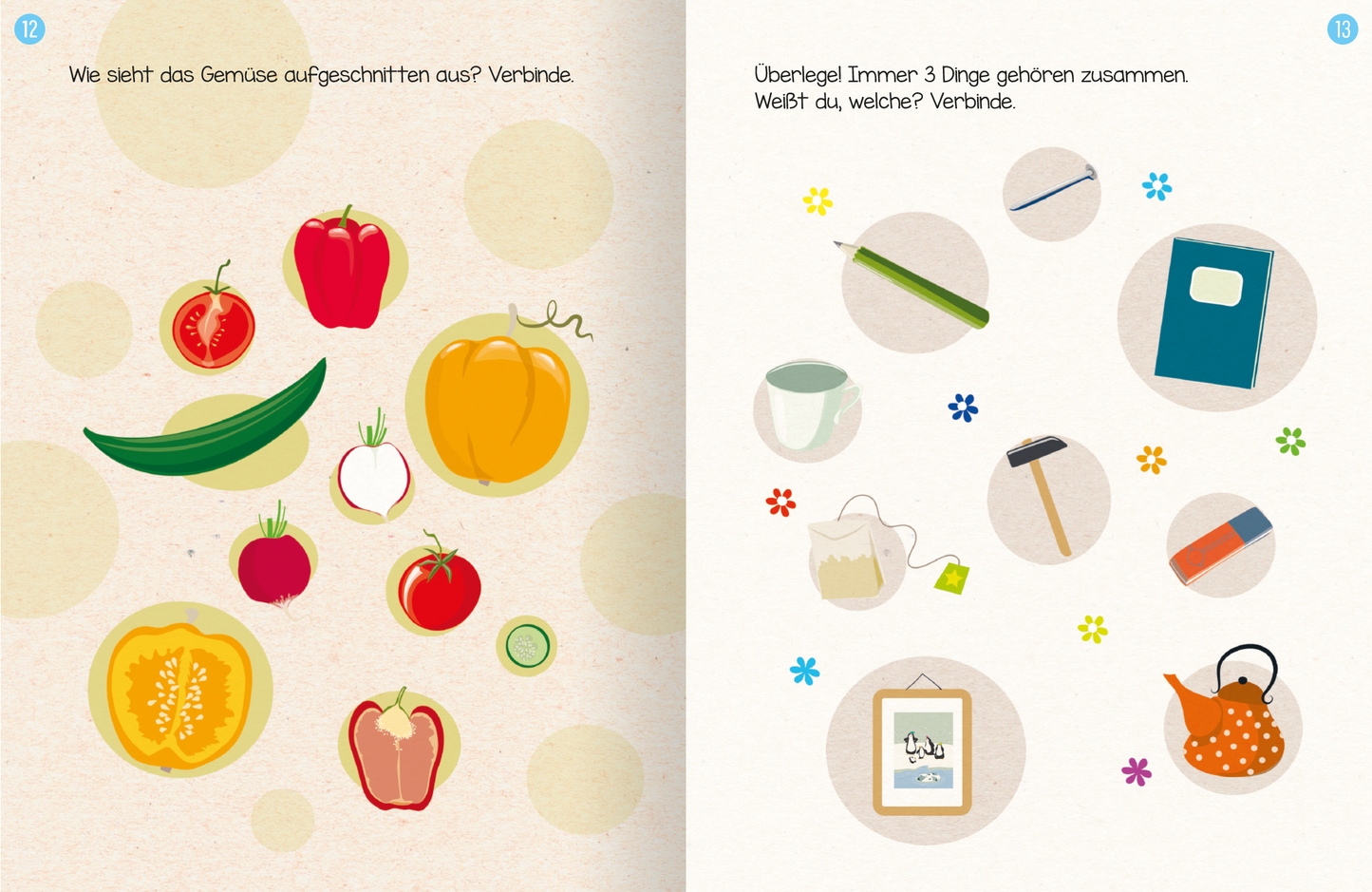 Gezeigt wird eine Innen- oder Zusatzansicht von „Erstes Lernen mit Spaß – Logisches Denken“. Die linksseitige Seite zeigt verschiedene bunte Gemüsesorten, darunter ein gelber Kürbis, eine grüne Gurke und rote Tomaten, die alle einfach und ansprechend illustriert sind. Die rechte Seite präsentiert einfache Illustrationen von Alltagsgegenständen, wie eine Tasse, ein Notizbuch und eine Kanne, um das logische Denken zu fördern. Der Hintergrund ist hell und strukturiert, was die Farben...