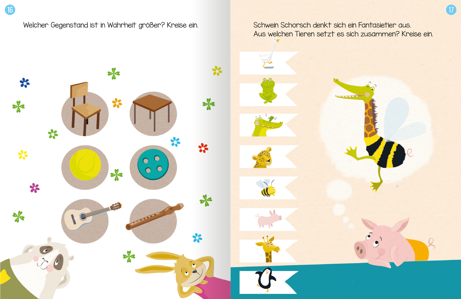 Gezeigt wird eine Innen- oder Zusatzansicht von „Erstes Lernen mit Spaß – Logisches Denken“. Die Seite präsentiert farbenfrohe Illustrationen von Tieren und Objekten, die auf einer hellen, freundlichen Hintergrundfarbe angeordnet sind. Auf der linken Seite sind symmetrisch sechs verschiedene Gegenstände abgebildet. Die rechte Seite zeigt eine spielerische Aufgabenstellung mit tierischen Charakteren und einem klaren, gut lesbaren Schriftzug. Die Farben sind lebhaft und einladend, was...