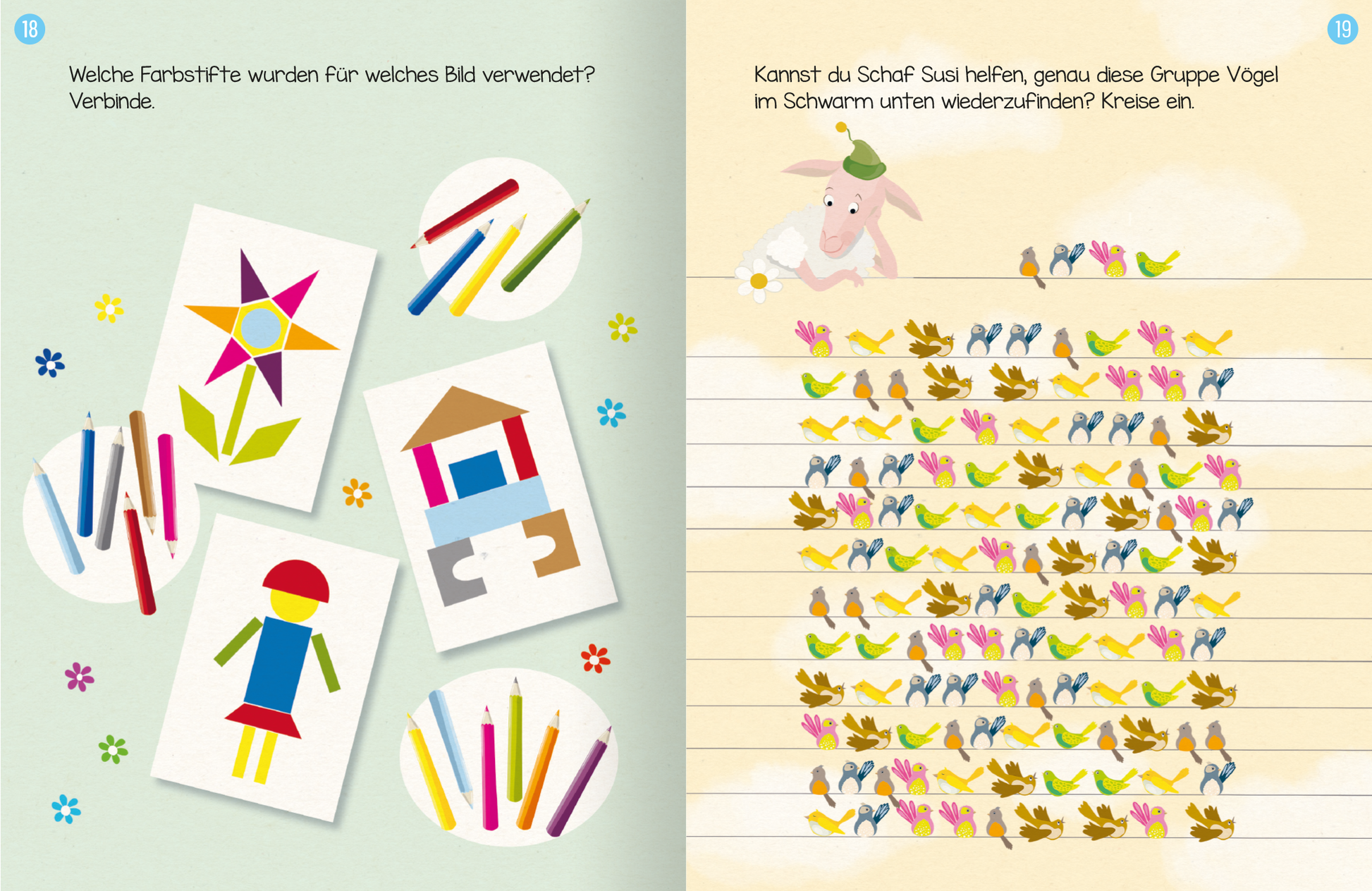 Gezeigt wird eine Innen- oder Zusatzansicht von „Erstes Lernen mit Spaß – Logisches Denken“. Die Seite zeigt bunte Illustrationen in sanften Farben. Links sind verschiedene Bilder und Farbstifte abgebildet, darunter eine Blume, ein Haus und eine Figur. Rechts erscheint ein Schäfchen mit einem Hut, das um Hilfe bittet. Darunter sind Reihen von Vögeln in unterschiedlichen Farben angeordnet, umrandet von Linien. Die Schrift ist kindgerecht, klar und gut lesbar.