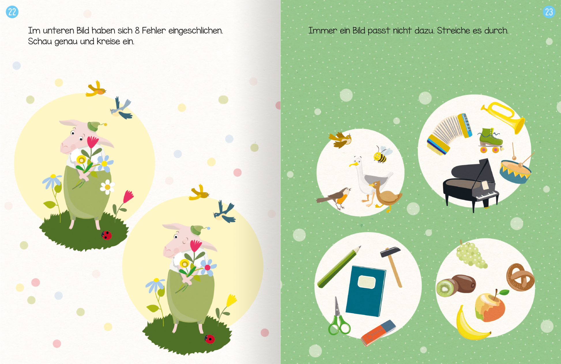 Gezeigt wird eine Innen- oder Zusatzansicht von „Erstes Lernen mit Spaß – Logisches Denken“. Beide Seiten präsentieren Illustrationen auf einem hellen Hintergrund mit bunten Punkten. Links steht ein Schaf mit Blumen, umgeben von Vögeln, während auf der rechten Seite vier unterschiedliche Bilder in runden Feldern abgebildet sind, die Instrumente, Werkzeuge und Obst zeigen. Die Farben sind lebhaft und vielseitig, und die Typografie ist freundlich und gut lesbar.