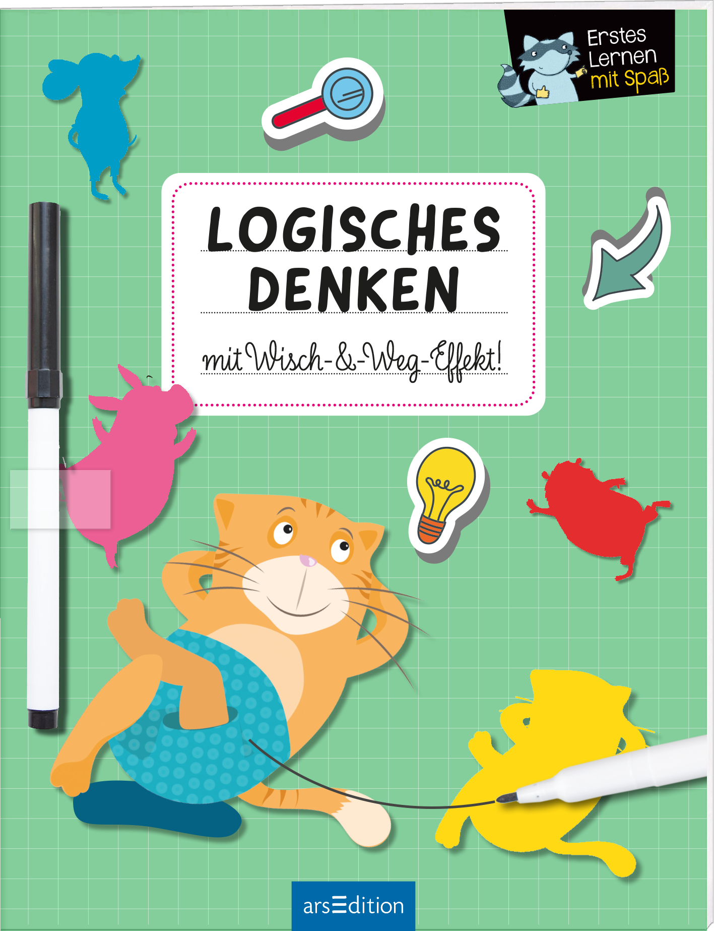 Zu sehen ist die 3D-Ansicht des Titels. Auf dem Buchcover „Logisches Denken mit Wisch-&-Weg-Effekt!“ dominieren leuchtende Farben auf einem karierten, grünen Hintergrund. In der Mitte steht der Titel in markanten, schwarzen Buchstaben. Abgebildet ist ein fröhlicher Kater in blauer Hose, umgeben von bunten Tiermotiven wie einem rosa Schwein und einer roten Maus. Oben rechts befindet sich ein Hinweis auf „Erstes Lernen mit Spaß“. Ganz unten mittig steht der Logoschriftzug von...