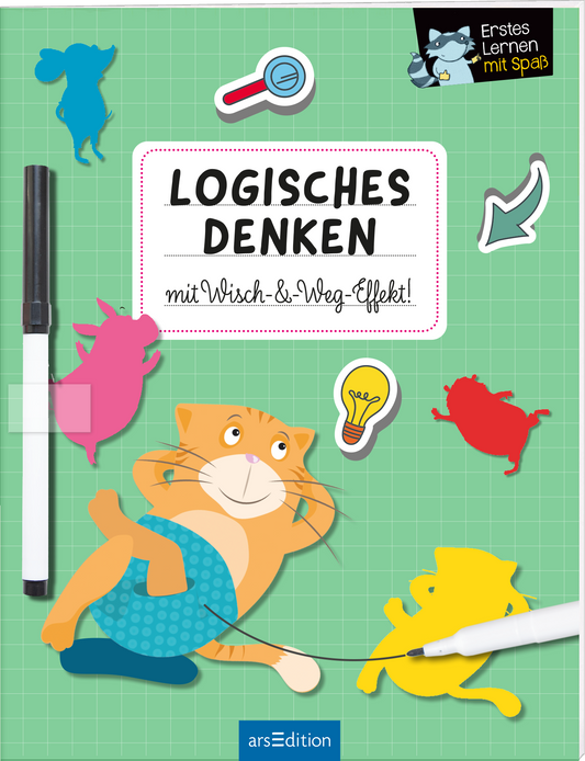 Zu sehen ist die 3D-Ansicht des Titels. Auf dem Buchcover „Logisches Denken mit Wisch-&-Weg-Effekt!“ dominieren leuchtende Farben auf einem karierten, grünen Hintergrund. In der Mitte steht der Titel in markanten, schwarzen Buchstaben. Abgebildet ist ein fröhlicher Kater in blauer Hose, umgeben von bunten Tiermotiven wie einem rosa Schwein und einer roten Maus. Oben rechts befindet sich ein Hinweis auf „Erstes Lernen mit Spaß“. Ganz unten mittig steht der Logoschriftzug von...