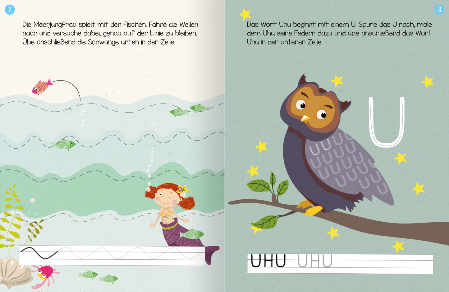 Gezeigt wird eine Innen- oder Zusatzansicht von „Erstes Lernen mit Spaß – Schwungübungen“. Auf der linken Seite ist eine 색farbige Illustration einer Meerjungfrau, die mit Fischen in wellenförmigem Wasser spielt. Die Farbpalette ist hell und fröhlich, mit sanften Blau- und Grüntönen. Auf der rechten Seite sitzt eine Eule auf einem Ast, umgeben von blauen Sternen. Die Typografie ist kindgerecht und übersichtlich, mit klaren Buchstaben und einem großen Anfangsbuchstaben für das...