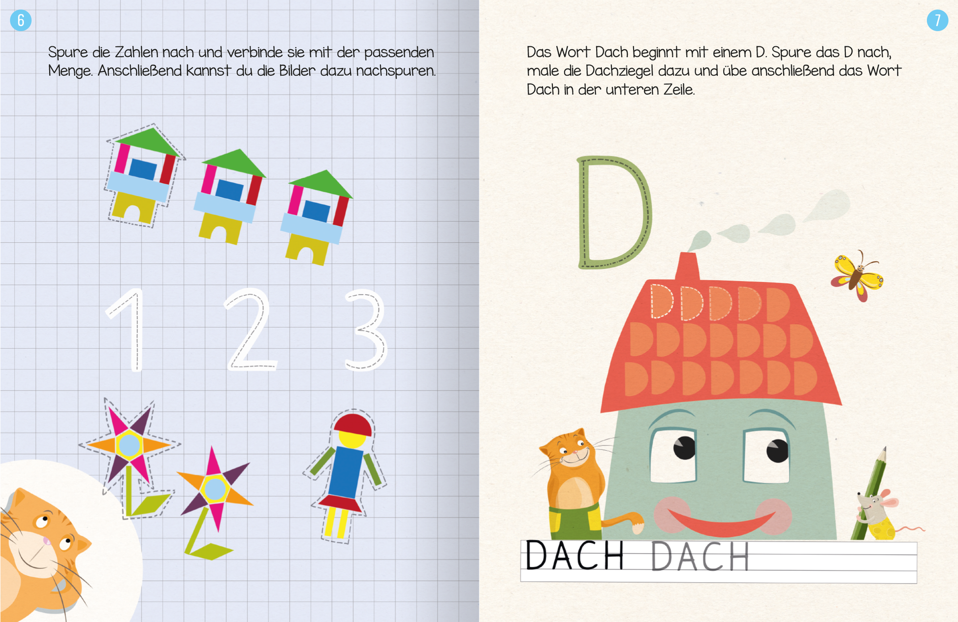 Gezeigt wird eine Innen- oder Zusatzansicht von „Erstes Lernen mit Spaß – Schwungübungen“. Die linke Seite zeigt bunte Illustrationen von Häusern, Figuren und Sternen, kombiniert mit Zahlen zum Nachspuren. Die rechte Seite beinhaltet eine positiv gestaltete Darstellung des Wortes „Dach“, mit einem fröhlichen Gesicht und einem roten Dach. Die Schrift ist klar und groß, in kräftigen Farben gehalten, um die Aufmerksamkeit der Kinder zu fördern.