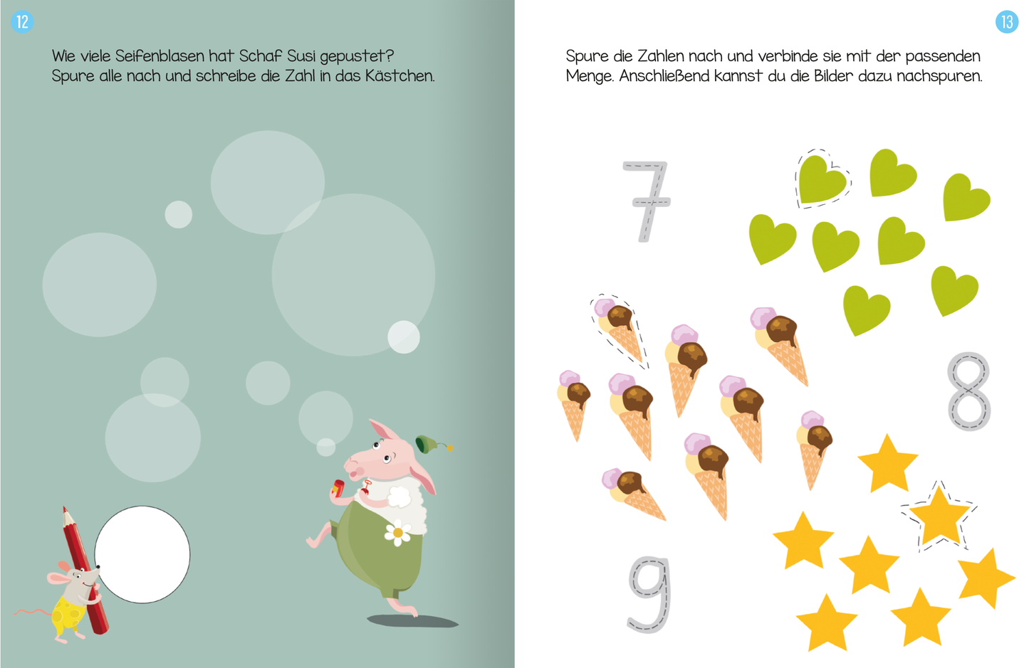 Gezeigt wird eine Innen- oder Zusatzansicht von „Erstes Lernen mit Spaß – Schwungübungen“. Auf der linken Seite ist eine zarte grüne Hintergrundfarbe mit einer Illustration von einem Schaf namens Susi, das Seifenblasen bläst. Rechts sind Zahlen in glitzernder Schrift abgebildet, umrahmt von bunten Eiskugeln und Sternen. Die Fonts sind verspielt und kinderfreundlich, die Farbpalette ist lebhaft mit sanften Pastelltönen, die Freude am Lernen vermitteln.