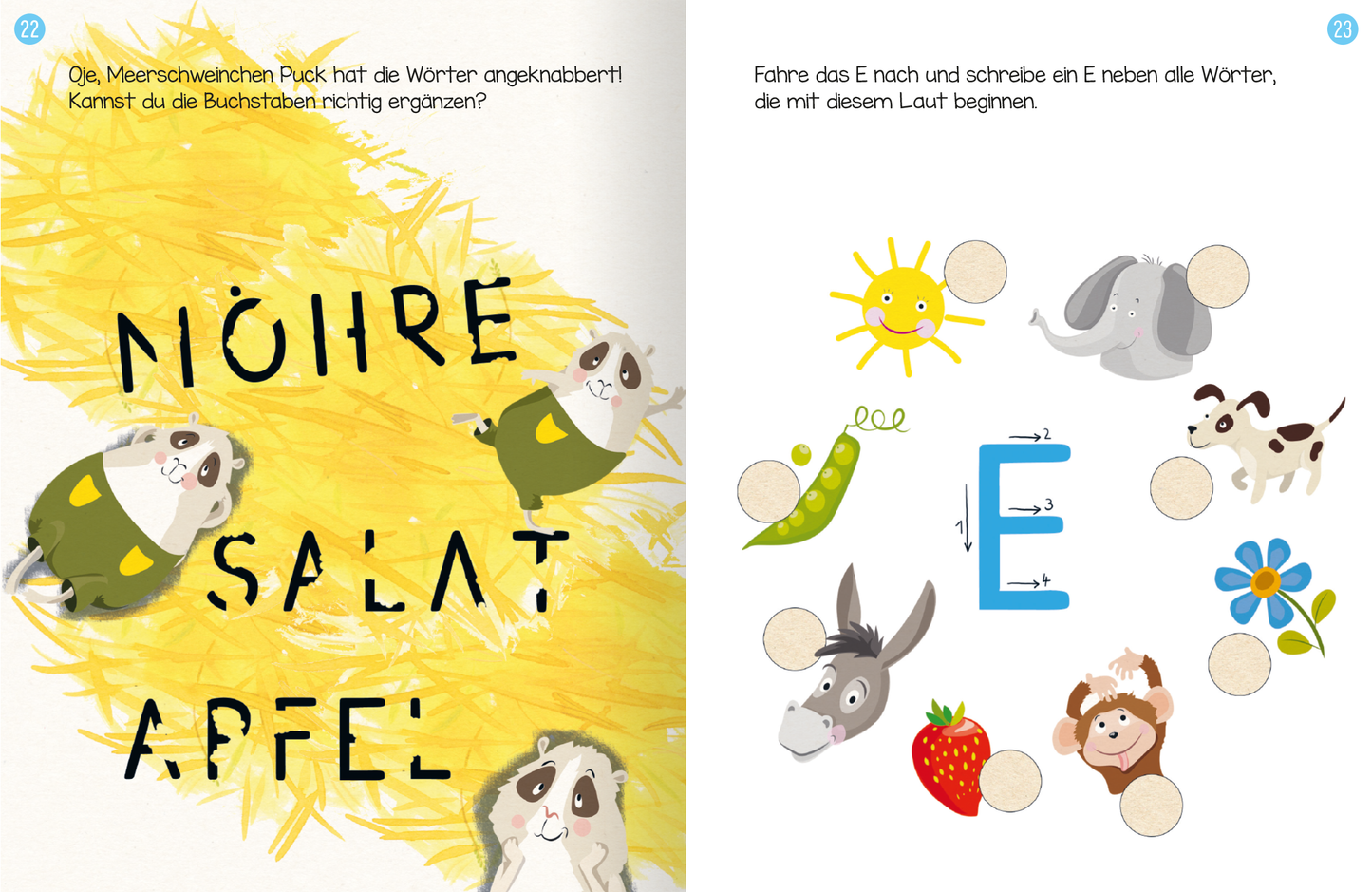 Gezeigt wird eine Innen- oder Zusatzansicht von „Erstes Lernen mit Spaß – Schwungübungen“. Die Seite enthält bunte Illustrationen von Meerschweinchen und anderen Tieren, die in einer freundlichen, spielerischen Szene dargestellt sind. Ein ansprechender, handgeschriebener Schriftstil hebt die Wörter „Möhre“, „Salat“ und „Apfel“ hervor. Die Farben sind leuchtend und einladend, mit gelben und grünen Akzenten, die die Aufmerksamkeit der Kinder anziehen und einen fröhlichen...