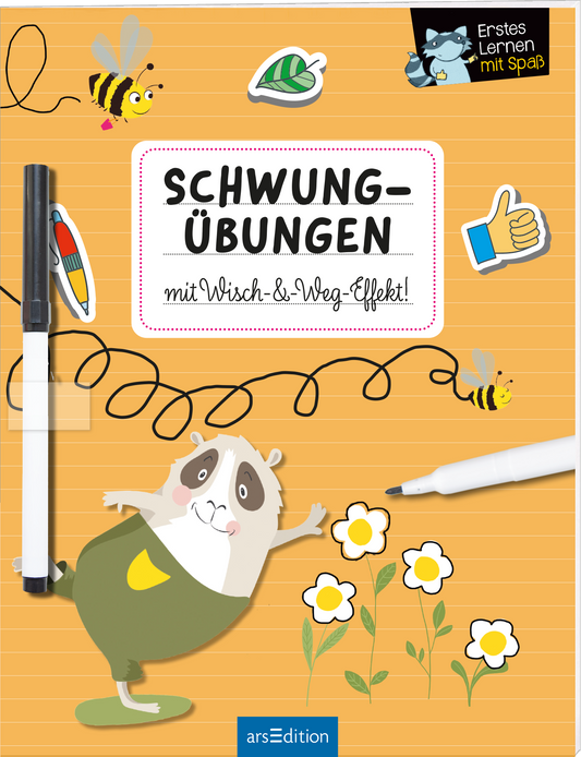 Das Buchcover zeigt einen orangefarbenen Hintergrund mit einem fröhlichen, comicartigen Tier, einem Meerschweinchen, das im Vordergrund tanzt. Oben stehen die großen, freundlichen Wörter „SCHWUNG-ÜBUNGEN“ in Schwarz, darunter der Text „mit Wisch-&-Weg-Effekt!“ in kleinerer Schrift in Weiß, umgeben von verspielten Illustrationen wie Bienen, Blumen und einem Daumen-hoch-Symbol. Oben links befindet sich ein kleiner schwarzer Button mit dem Text „Erstes Lernen mit Spaß“. Ganz...
