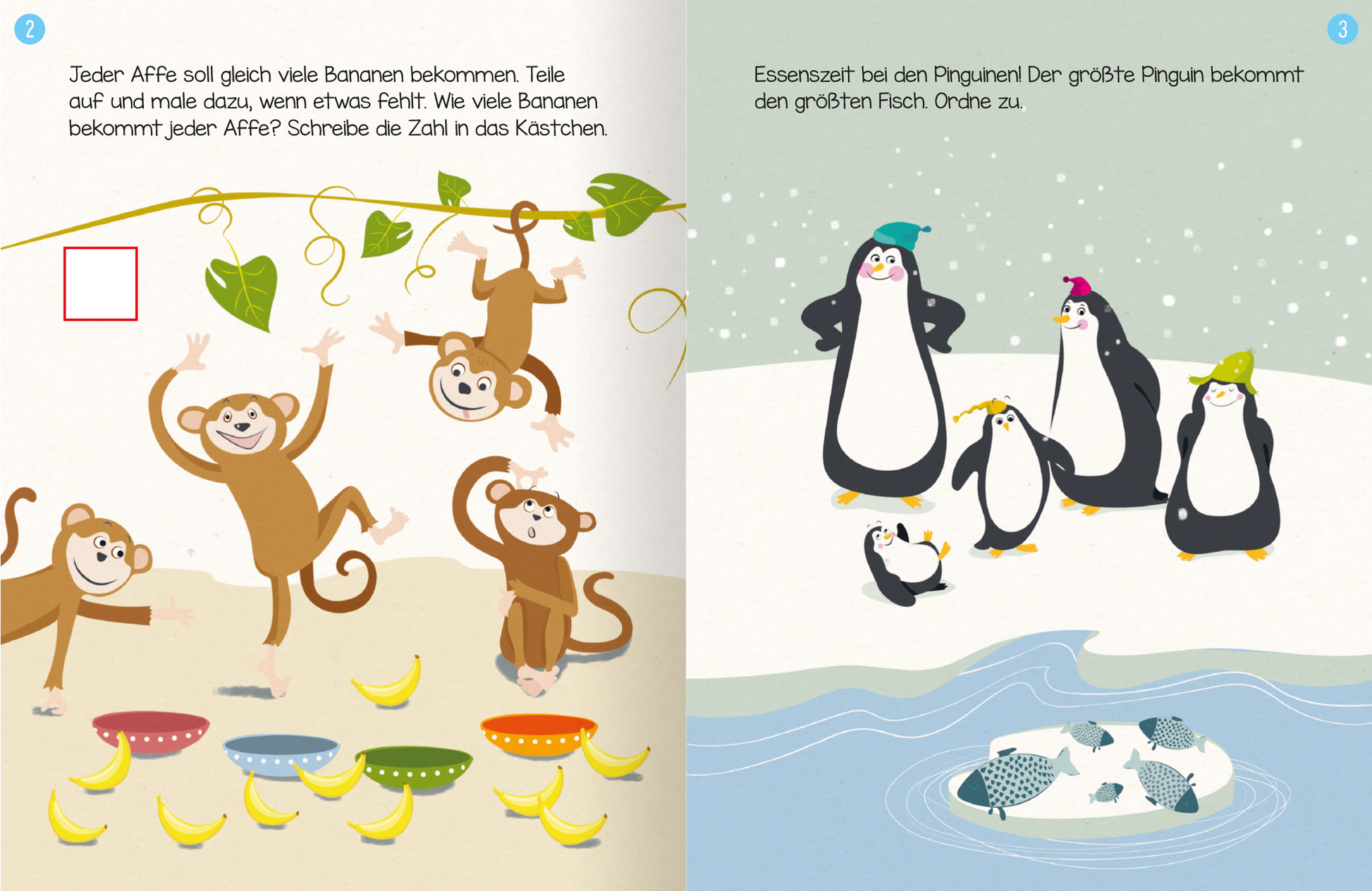 Gezeigt wird eine Innen- oder Zusatzansicht von „Erstes Lernen mit Spaß – Erstes Rechnen“. Auf der linken Seite sind vier fröhliche Affen abgebildet, die an Lianen hängen oder auf dem Boden stehen, umgeben von Bananen und bunten Schüsseln. Dazwischen steht eine Frage zu den Bananen. Die rechte Seite zeigt eine Gruppe von Pinguinen auf Eis, die in bunten Hüten vor mehreren Fischen stehen. Die Bilder sind überwiegend in sanften Pastellfarben gehalten und verwenden eine spielerische,...