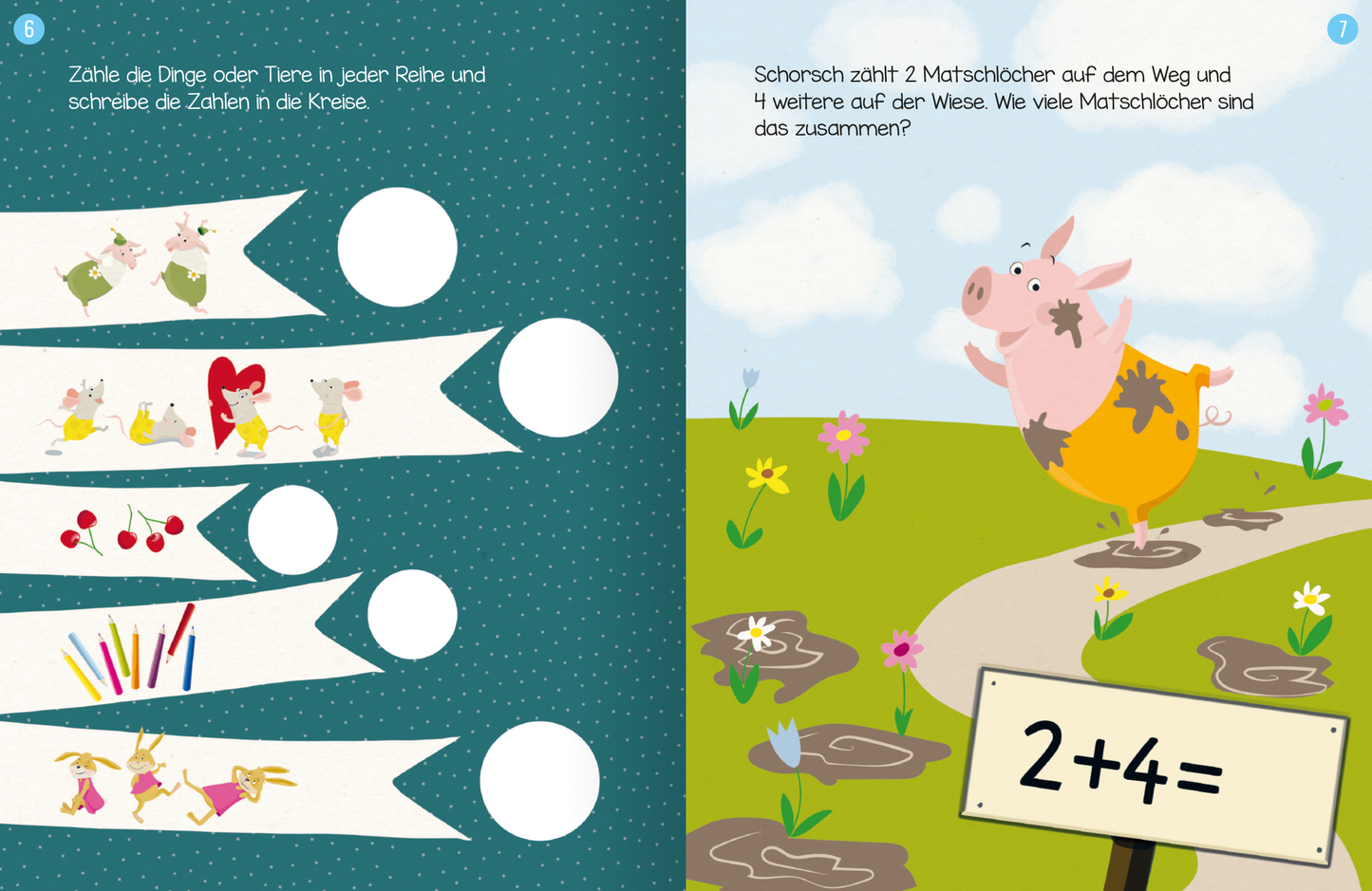 Gezeigt wird eine Innen- oder Zusatzansicht von „Erstes Lernen mit Spaß – Erstes Rechnen“. Auf der linken Seite sind bunte, fröhliche Illustrationen von Tieren und Figuren in verschiedenen Reihen angeordnet, um Zählaktivitäten zu fördern. Die rechte Seite zeigt ein Schwein, das fröhlich auf einem Pfad läuft, umgeben von Blumen und grünem Gras. Der Zahlenbereich am Boden enthält die Gleichung „2 + 4 =“, um grundlegende Rechenfähigkeiten zu unterstützen. Die Typografie ist...