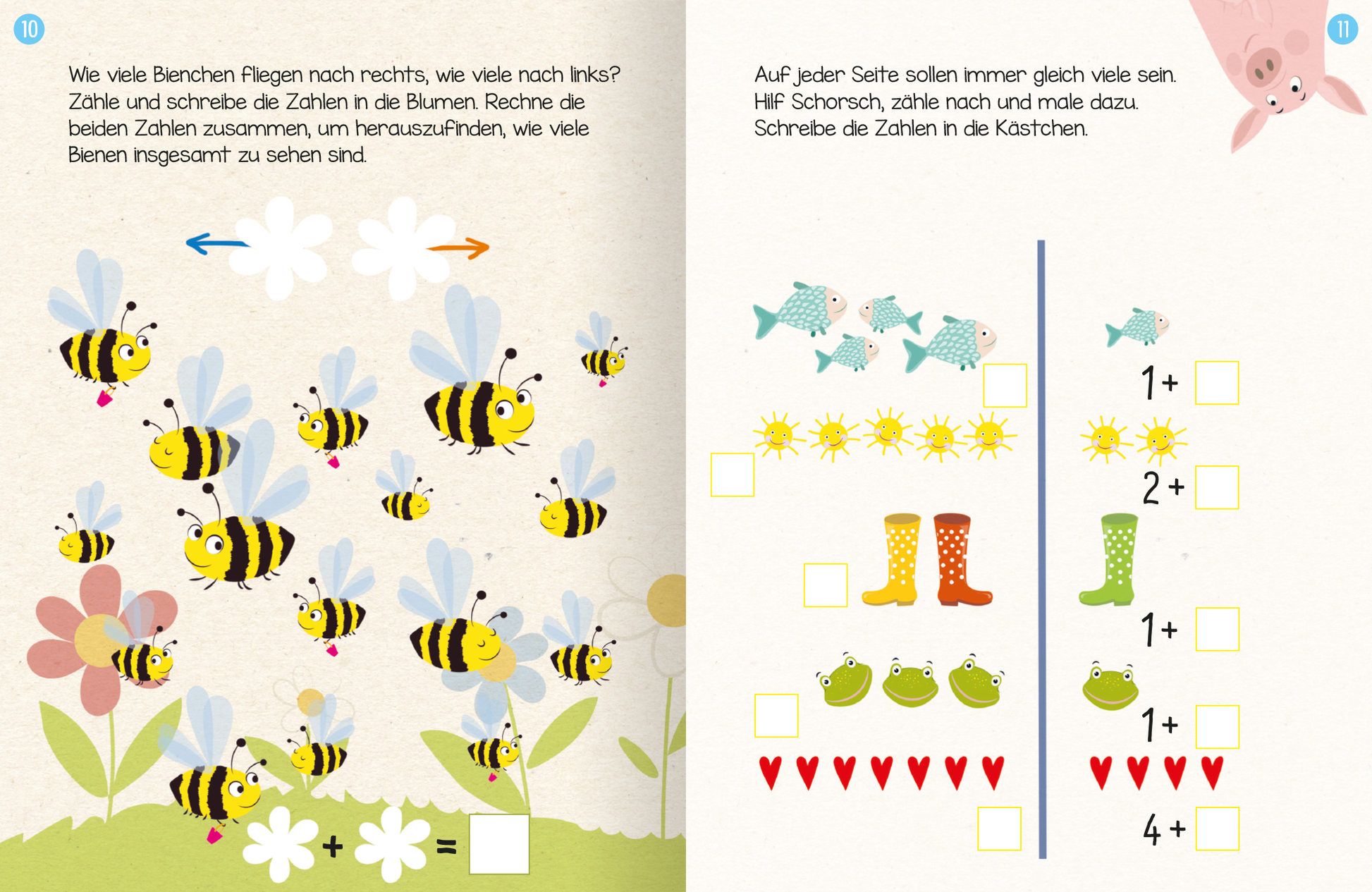 Gezeigt wird eine Innen- oder Zusatzansicht von „Erstes Lernen mit Spaß – Erstes Rechnen“. Auf der linken Seite befinden sich zahlreiche bunte Bienen, die zwischen Blumen fliegen, mit freundlichen Gesichtern und gestreiften Körpern. Die rechte Seite zeigt eine Anleitung mit visuellen Elementen, darunter Fische, Gummistiefel und Frösche, in sanften Pastellfarben. Die Typografie ist kinderfreundlich und klar, mit großen, gut lesbaren Zahlen und Anweisungen.