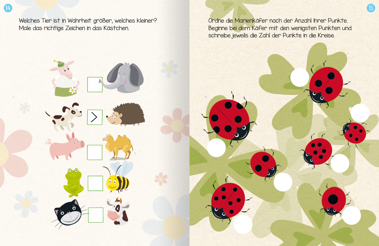 Gezeigt wird eine Innen- oder Zusatzansicht von „Erstes Lernen mit Spaß – Erstes Rechnen“. Die Seite ist in sanften, hellen Farben gestaltet und enthält niedliche Tierillustrationen wie ein Schwein, einen Igel und Käfer. Auf der linken Seite sind Anweisungen in klarer, gut lesbarer Schrift, verbunden mit Kästchen zum Ausmalen. Auf der rechten Seite sitzen mehrere Marienkäfer auf verschiedenen Kleeblättern. Jedes der Marienkäfer hat neben sich einen weißen Kreis, in den die Zahlen...