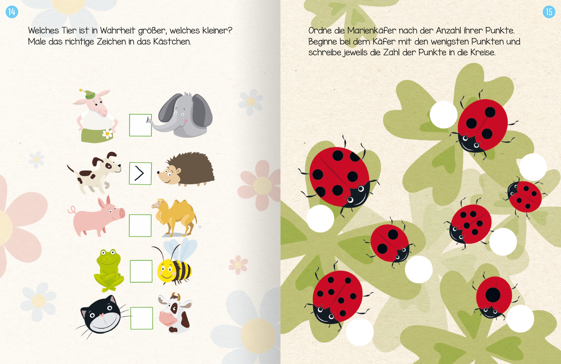 Gezeigt wird eine Innen- oder Zusatzansicht von „Erstes Lernen mit Spaß – Erstes Rechnen“. Die Seite ist in sanften, hellen Farben gestaltet und enthält niedliche Tierillustrationen wie ein Schwein, einen Igel und Käfer. Auf der linken Seite sind Anweisungen in klarer, gut lesbarer Schrift, verbunden mit Kästchen zum Ausmalen. Auf der rechten Seite sitzen mehrere Marienkäfer auf verschiedenen Kleeblättern. Jedes der Marienkäfer hat neben sich einen weißen Kreis, in den die Zahlen...