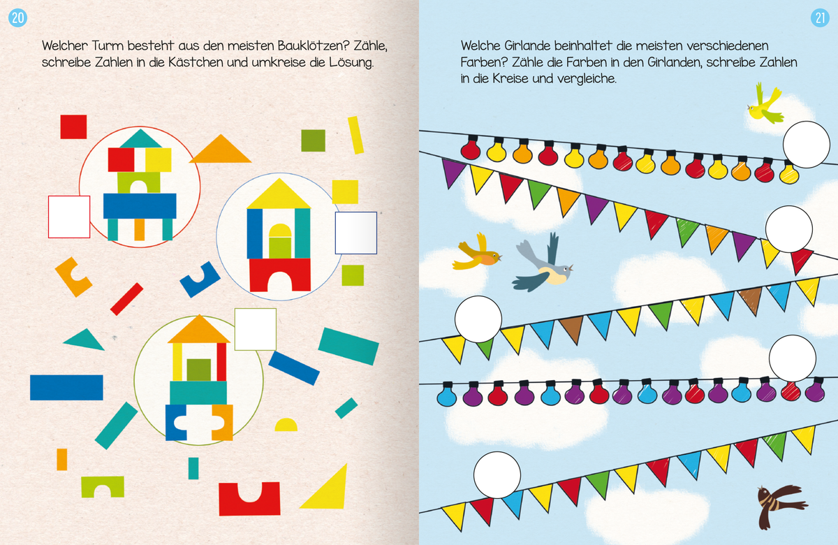 Gezeigt wird eine Innen- oder Zusatzansicht von „Erstes Lernen mit Spaß – Erstes Rechnen“. Die Seite zeigt spielerische grafische Elemente mit bunten Bauklötzen in verschiedenen Formen und Farben, die in Kreisen angeordnet sind. Links sind geometrische Figuren in lebhaften Tönen, rechts sind viele fröhliche Wimpelgirlanden abgebildet, die über einen blau-weißen Himmel gespannt sind. Die klare, verspielte Typografie in Schwarz unterstützt die Aufgabenstellung und sorgt für gute...